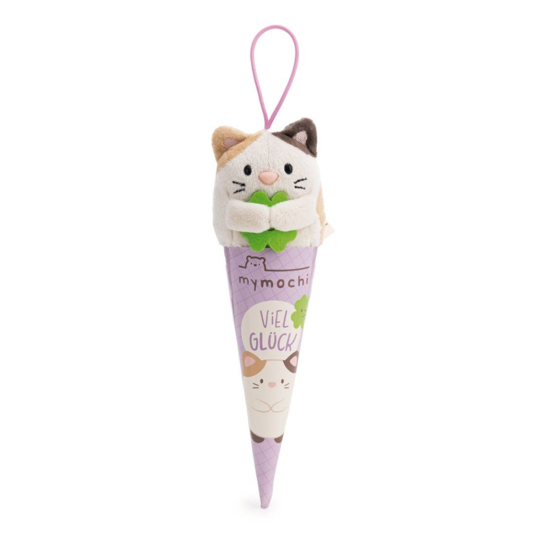 Nici Schultüte mymochi Schlüsselanhänger Katze Angy 8 cm mit Kleeblatt Kuscheltier, als Back to School Geschenk Anhänger, mit kleinem Zubehör moodie