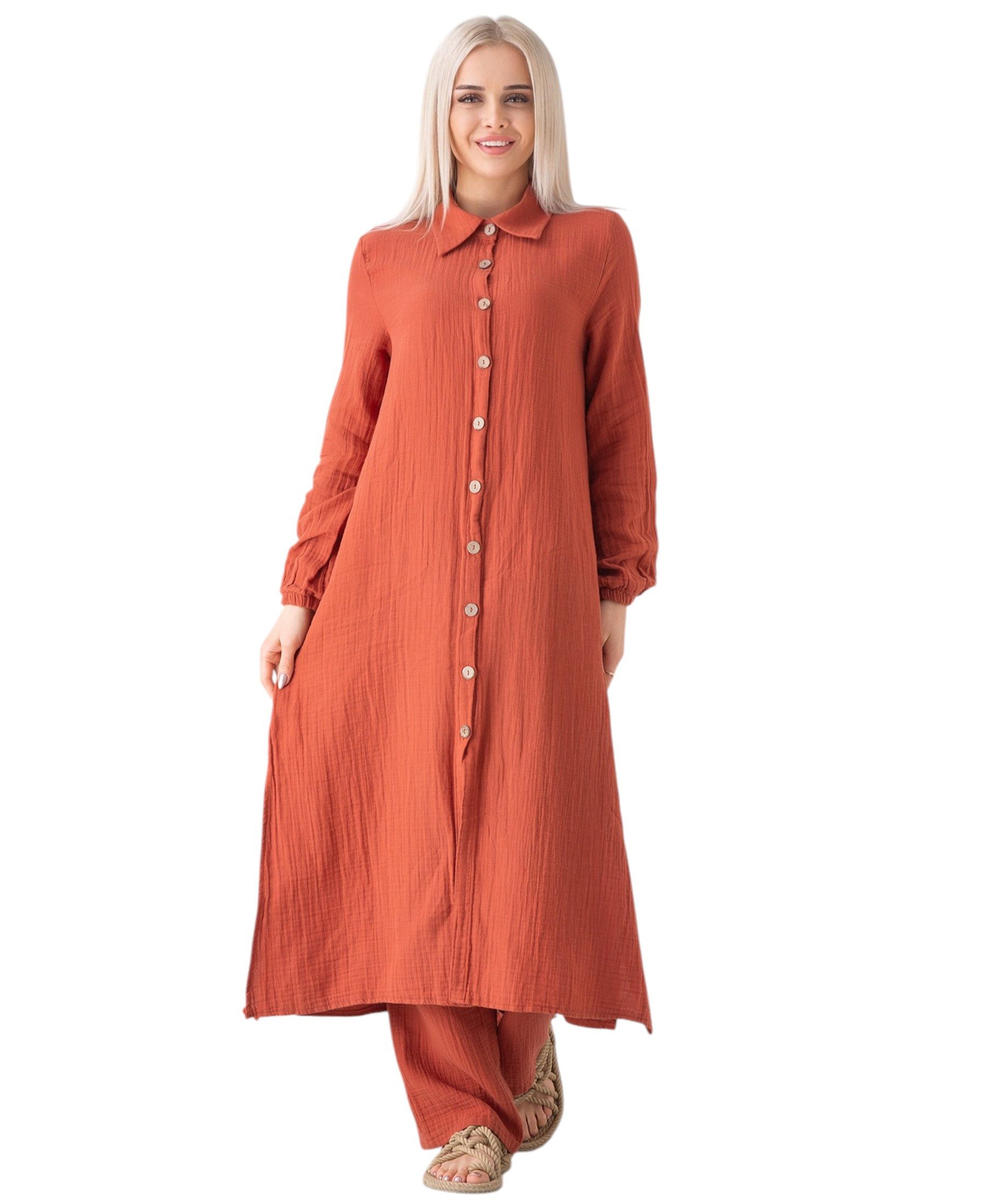 WENOR Longtunika Musselin 130cm lang Kokosknopf 100% Baumwolle Modest Look 36-50