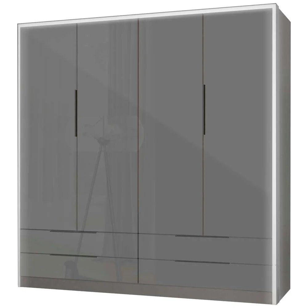 MOEBLO Kleiderschrank DOMO (mit Einlegeböden und Kleiderstange Garderobe - Kinderzimmer, Schlafzimmer - 207x60x220cm, Kleiderschrank mit LED Falttürenschrank mit Schubladen2-türig Schrank) (BxTxH): 207x60x220 cm Grau glänzend