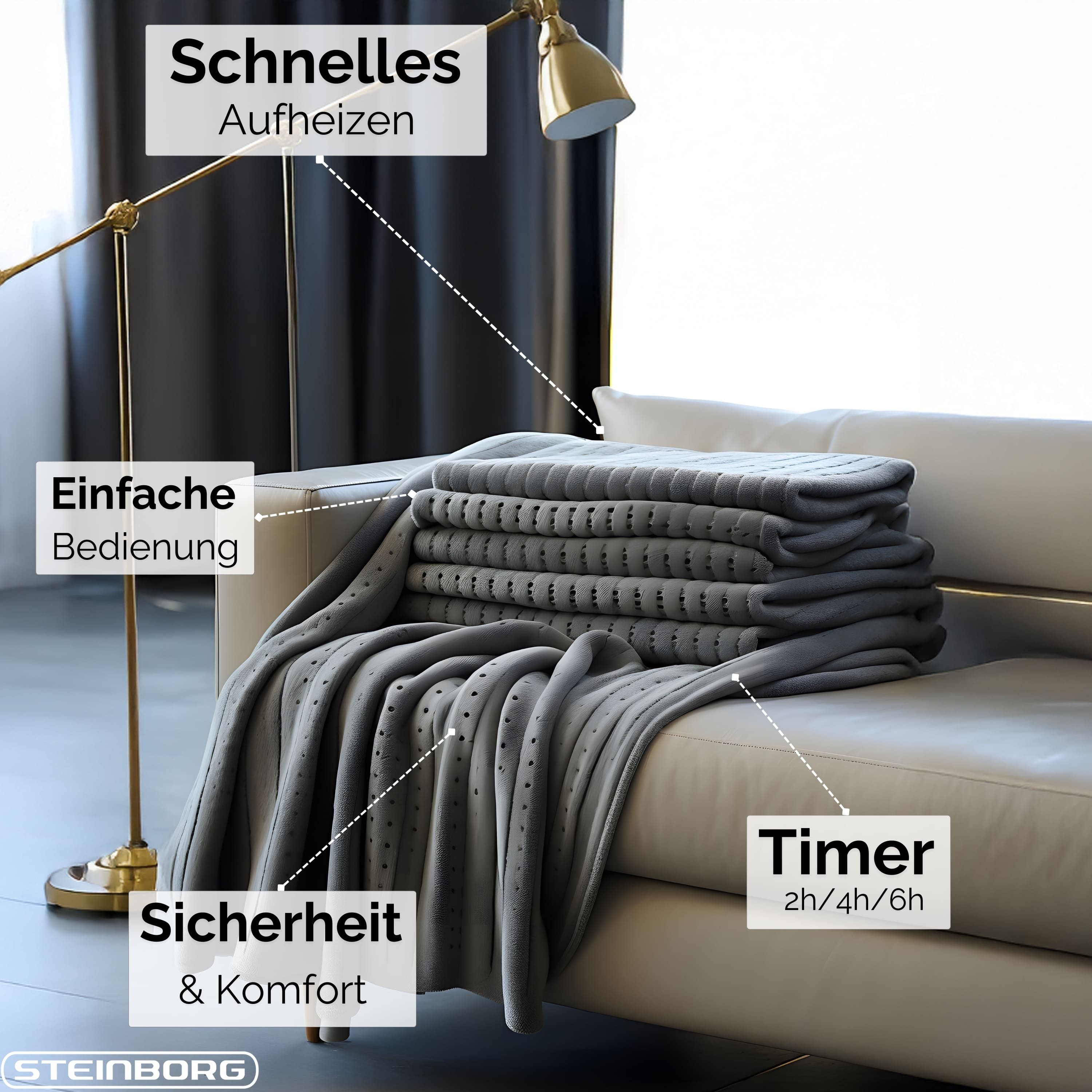 STEINBORG Heizdecke SB-9521, 3 Timereinstellungen,6 Temperaturen,Überhitzungsschutz,30°C waschbar