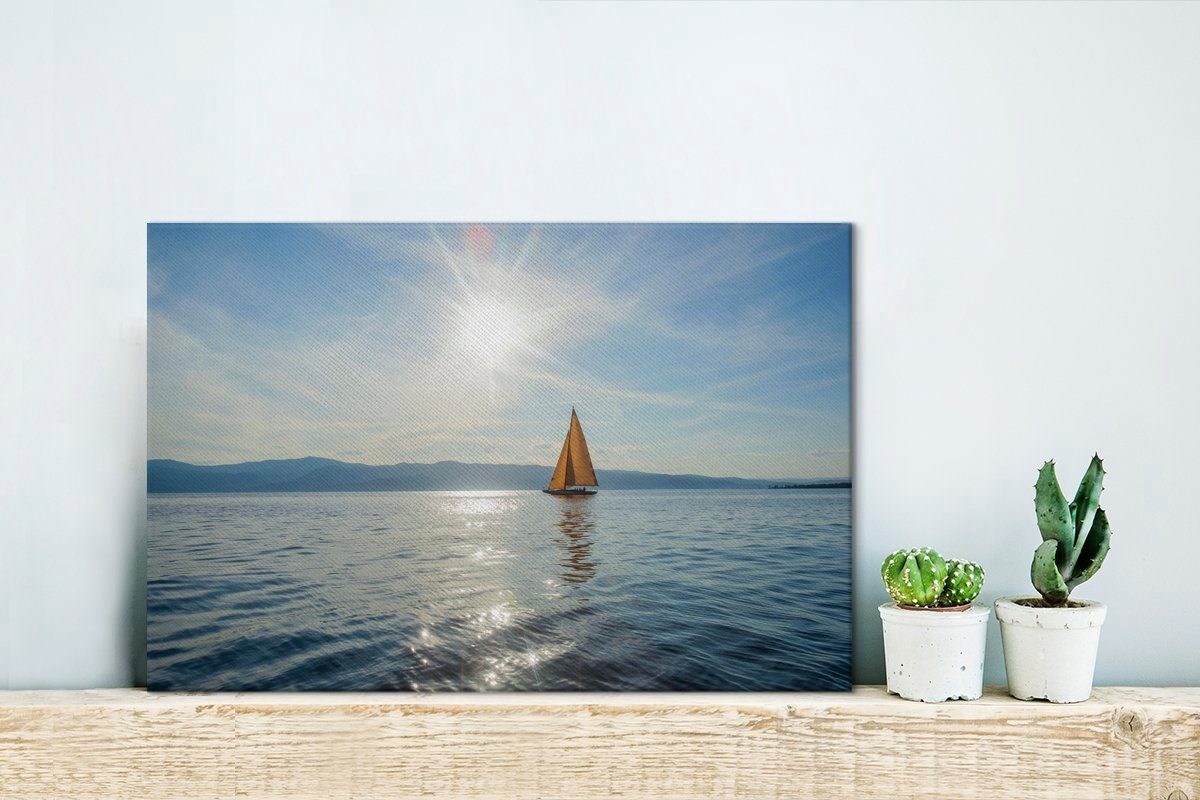 Leinwandbild einem Segelboot cm 30x20 Aufhängefertig, Wanddeko, gelben Sonnenstrahlen Leinwandbilder, OneMillionCanvasses® auf dem St), Wandbild See, (1 über