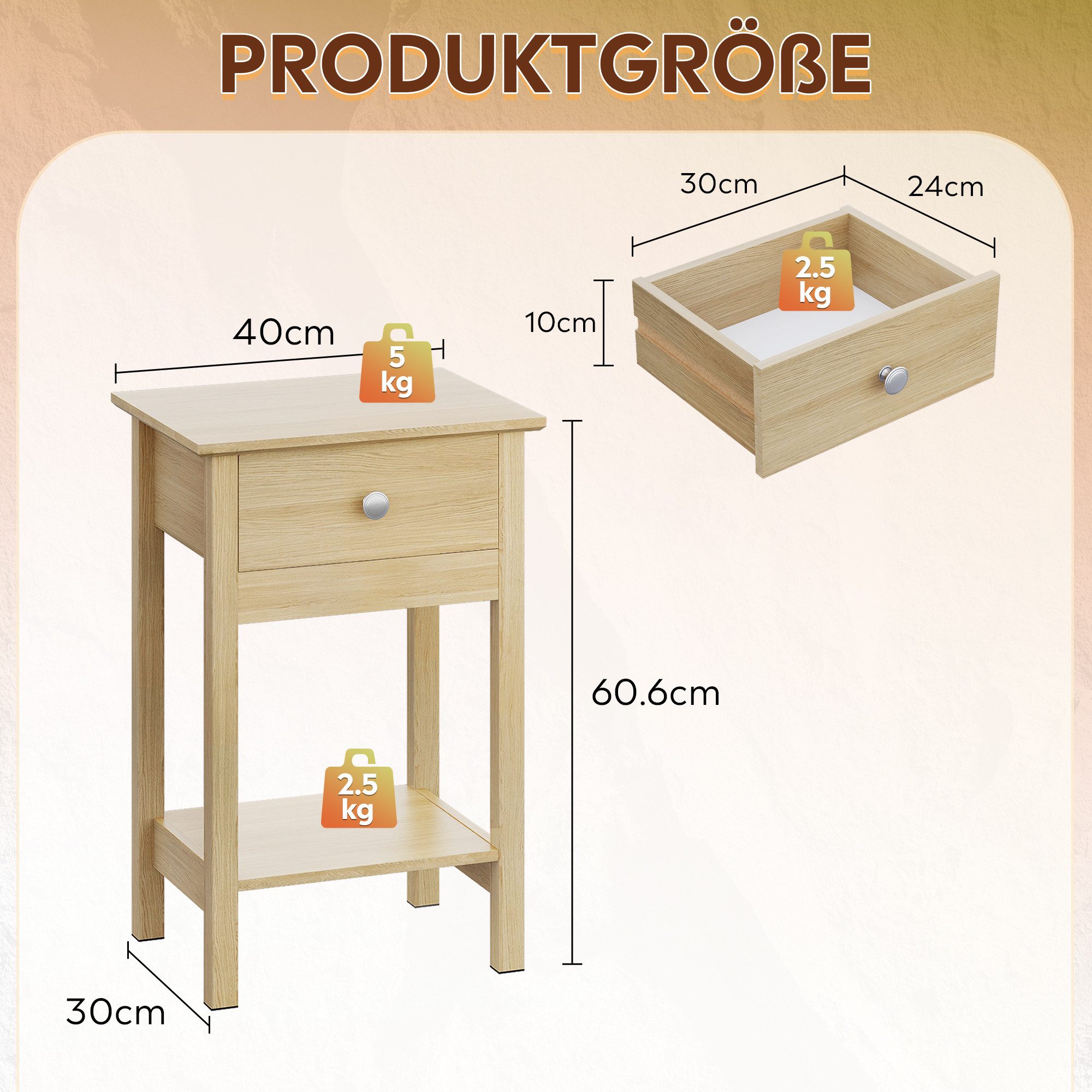 WLIVE Nachttisch Nachttisch mit Schublade und Ablage, Beistelltisch Holz 40×30×60,6cm (1 Tisch), schmal, offenes Fach