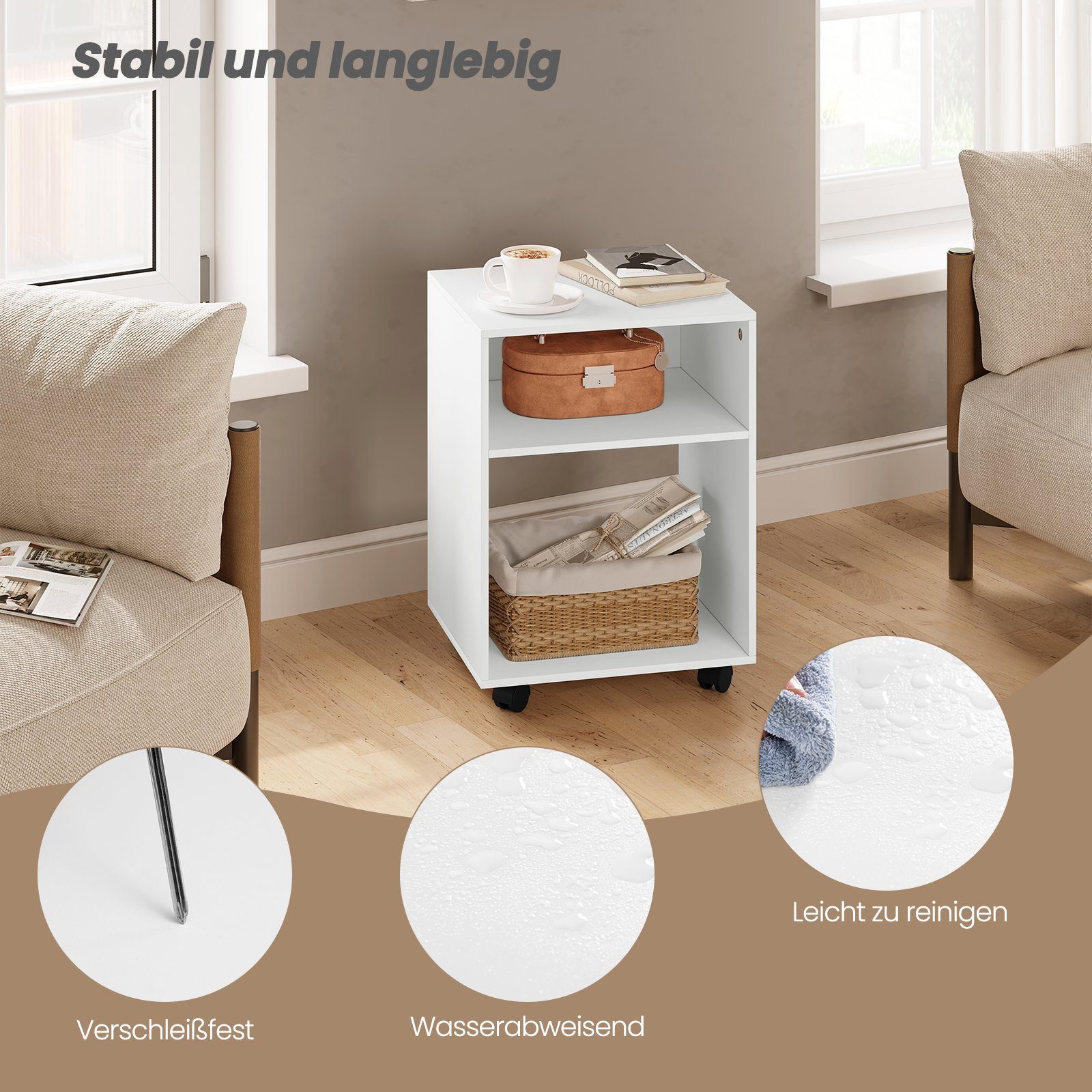 EUGAD Nachttisch (1-St), auf Rollen, Sofatisch weiß, für Schlafzimmer Wohnzimmer Büro