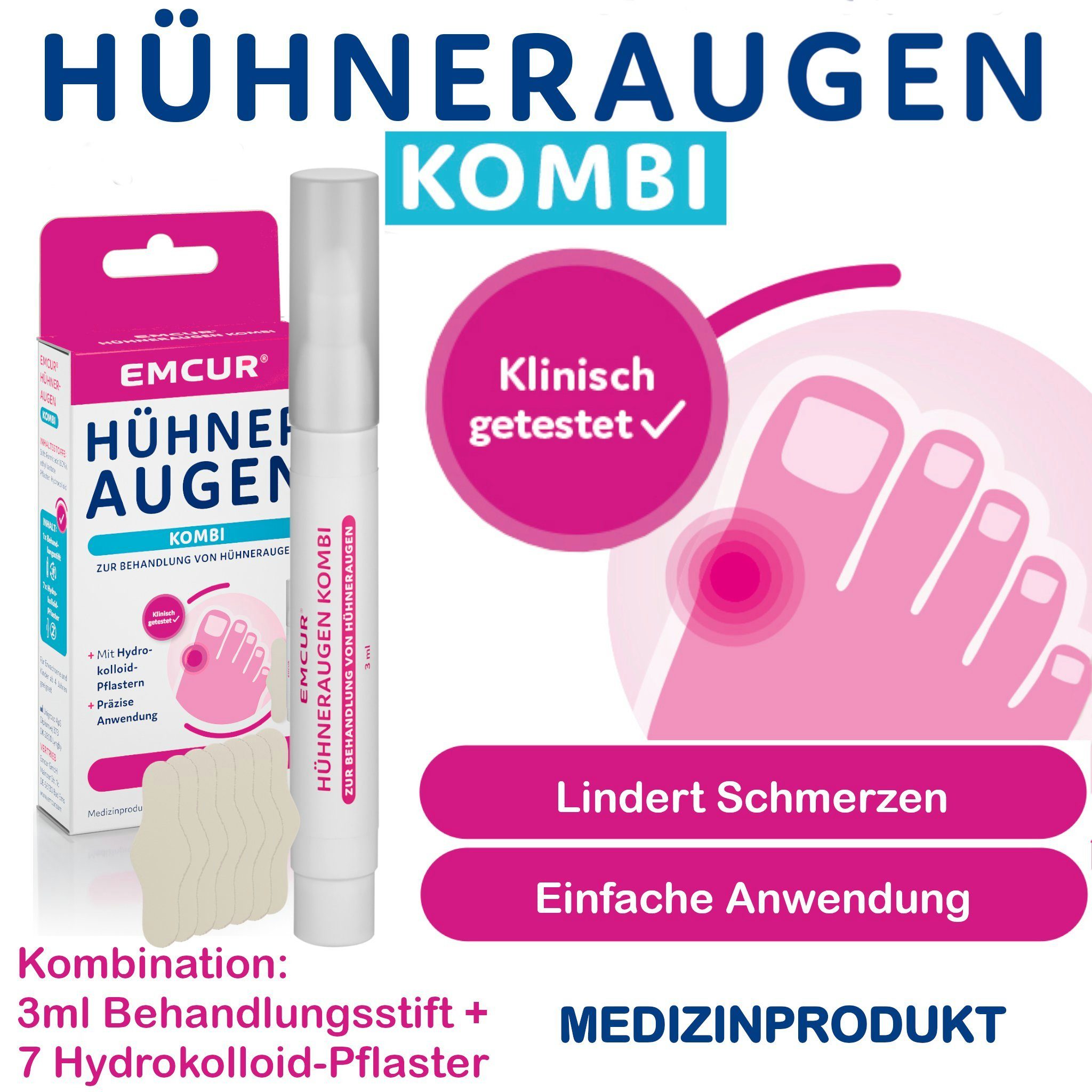 EMCUR Anti-Hühneraugenstift Hühneraugen Kombi, Stift zum Entfernen von Hühneraugen inkl. Pflaster, 3 ml