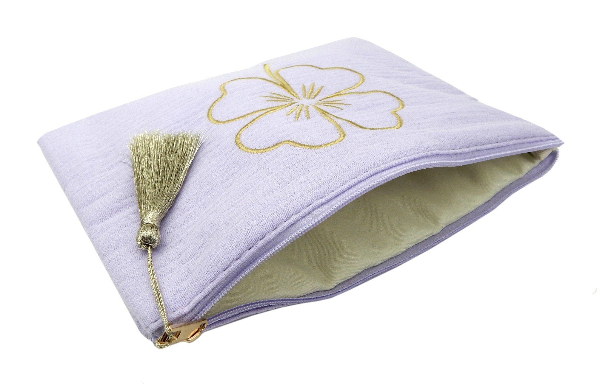 Ella Jonte Clutch, & Kosmetiktasche aus Baumwolle mit goldener Blumen-Stickerei