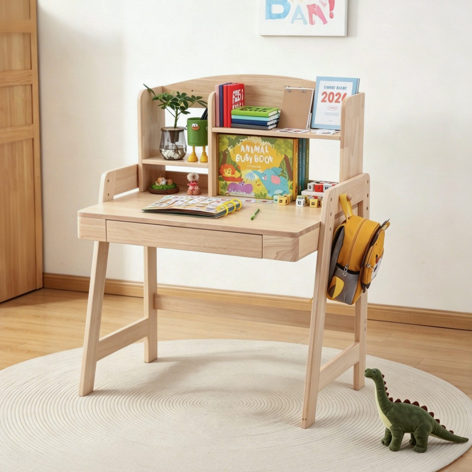 KLAM HOME Kindertisch Höhenverstellbarer Kindertisch aus Massivholz mit Stauraum & Haken (Praktischer Kinderschreibtisch mit Schublade und sicherer Verarbeitung), Wachstumstisch mit Aufbewahrung für Kinder ab 6 Jahren