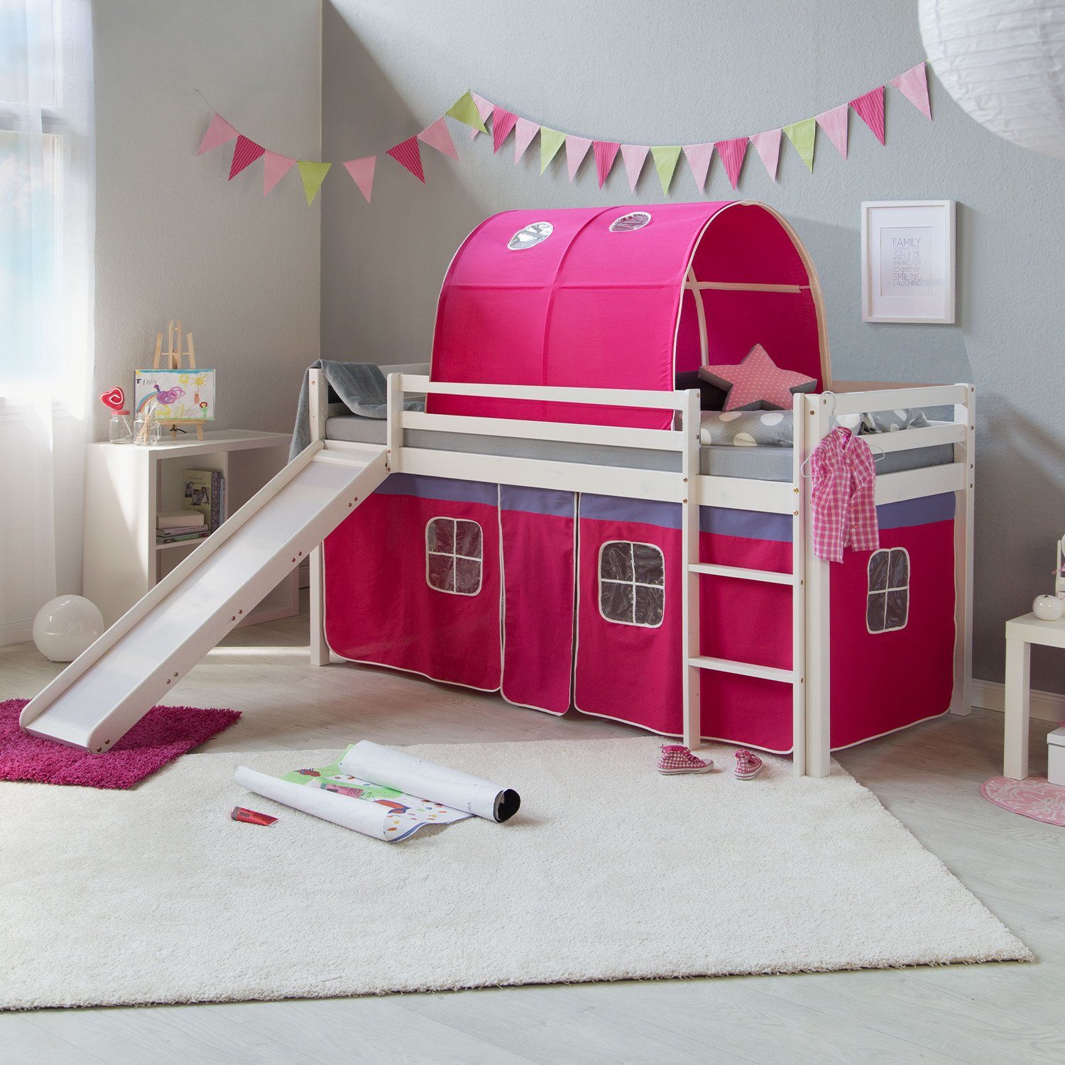 Homestyle4u Hochbett 90x200 cm Kinderbett Weiß Kiefer Spielbett mit Vorhang Pink mit Rutsche