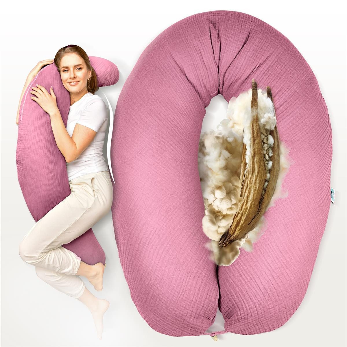 SEI Design Подушки для кормления Kapok Подушки для кормления Naturstillkissen 190x30 Seitenschläferkissen Natur, Schwangerschaftskissen mit Bezug, Schwangerschaftskissen mit Bezug, Kapok-Füllung, Bezug Bio-Baumwolle