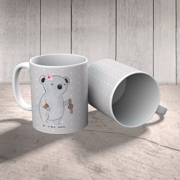 Mr. & Mrs. Panda Tasse Uhrmacherin Herz - Grau Pastell - Geschenk, Tasse, Firma, Teebecher, Keramik, Herzberührende Designs