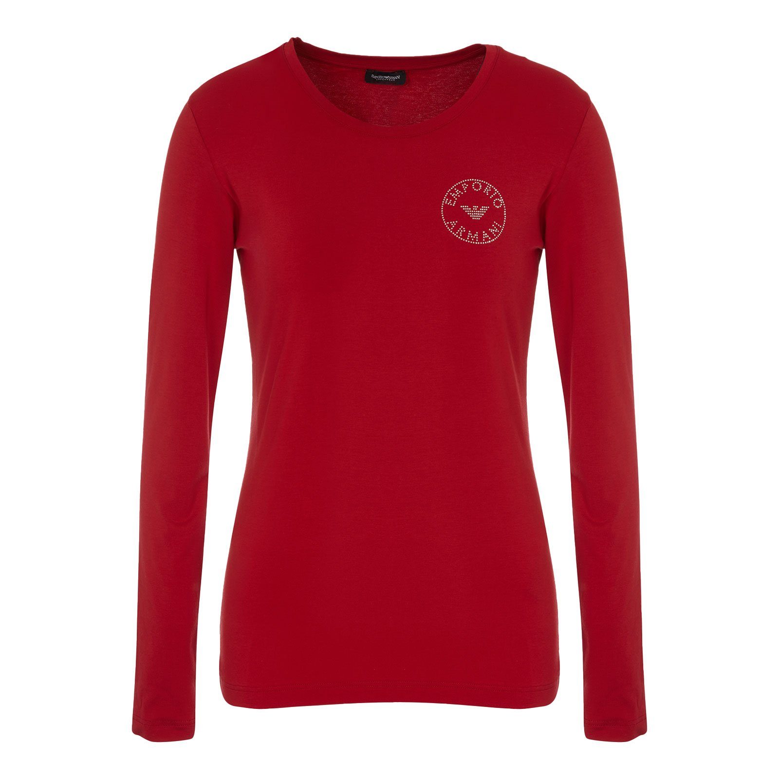 Emporio Armani T-Shirt L/S Round Neck mit Markenschriftzug und Markenlogo aus Strasssteinen auf der Brust 00173 ruby red