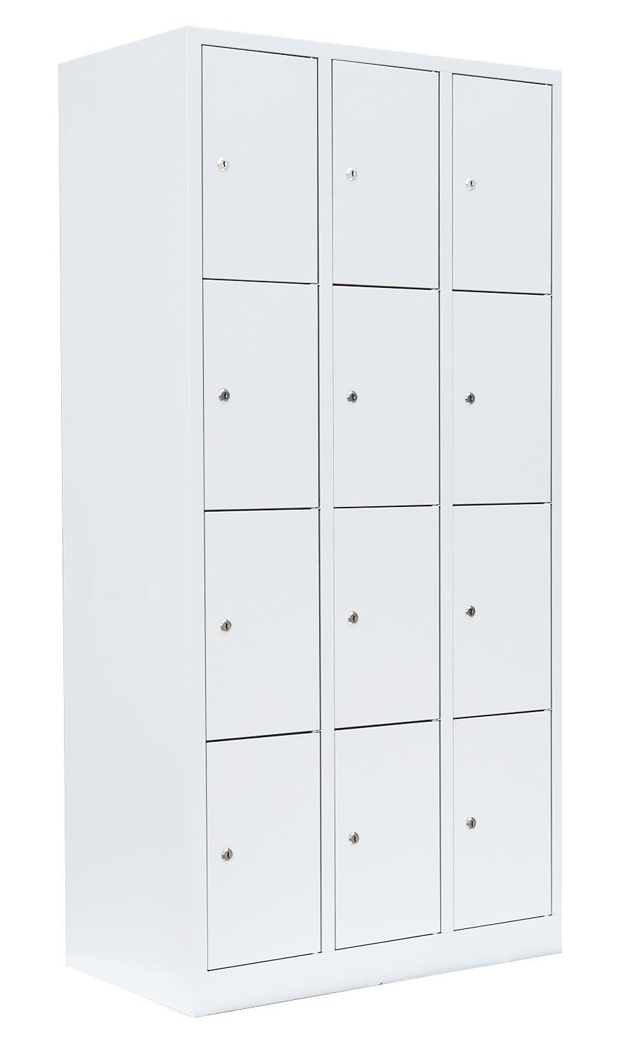 Steelboxx Fächerschrank Lüllmann® Schließfachschrank, 3 Abteile, 12 Fächer, 1800 x 885 x 500 (1-St) Komplett verschweißt und montiert - keine Montage erforderlich Korpus: RAL 9003 Signalweiß/ Türen: RAL 9003 Signalweiß | Weiß