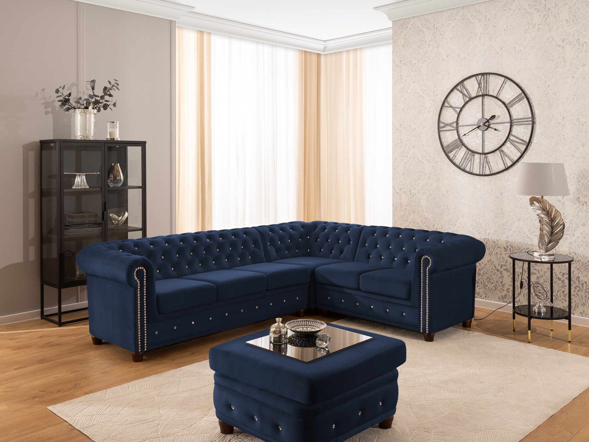 S-Style Möbel Ecksofa Chesterfield L-Form Cleo Blink aus Samt mit Kristallsteppung, mit Wellenfederung