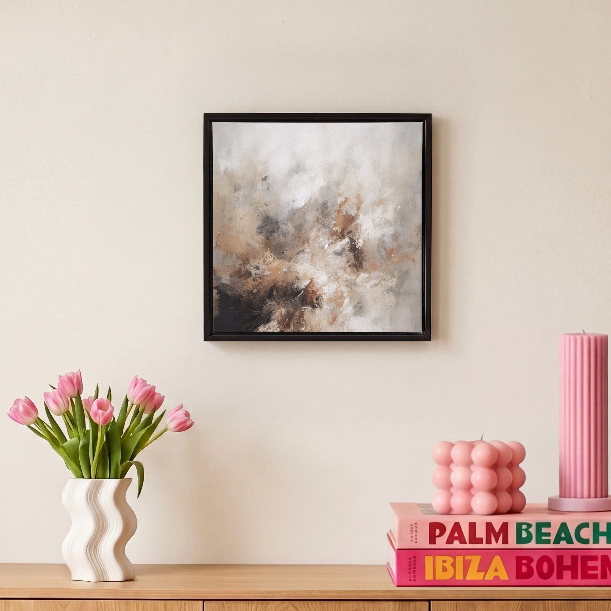 OneMillionCanvasses® Leinwandbild mit Rahmen - Farbe - Abstrakt - Beige - Kunst, Fotodruck (1 St), Leinwand Bilder Klein, Wand Dekoration Aesthetic 20x20cm – Bild 4 von 5