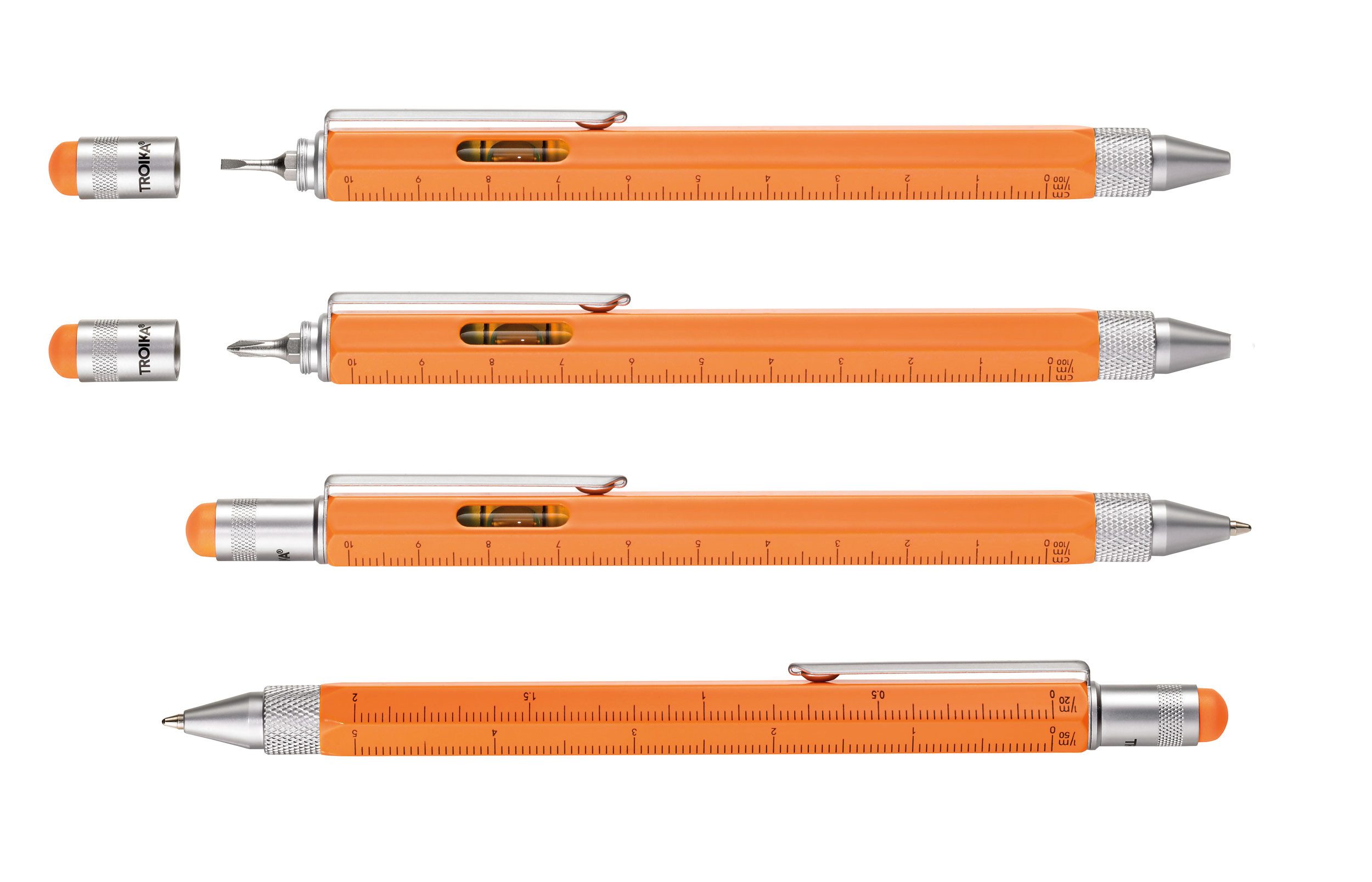 TROIKA Kugelschreiber CONSTRUCTION – 6-in-1 mit Wasserwaage, Schraubendreher & Lineal, (1-tlg., in verschiedenen Farben, schwarze Mine), Multifunktionsstift mit Stylus, Geschenk für Männer & Heimwerker