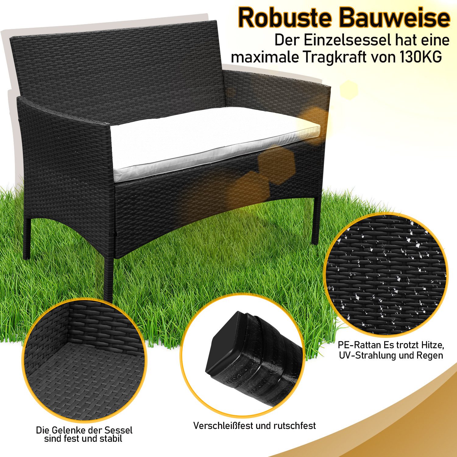 Clanmacy Gartenlounge-Set 4-tlg Wetterfeste Polyrattan Sitzgruppe für 4 Personen Schwarz, (4-tlg) – Bild 4 von 5