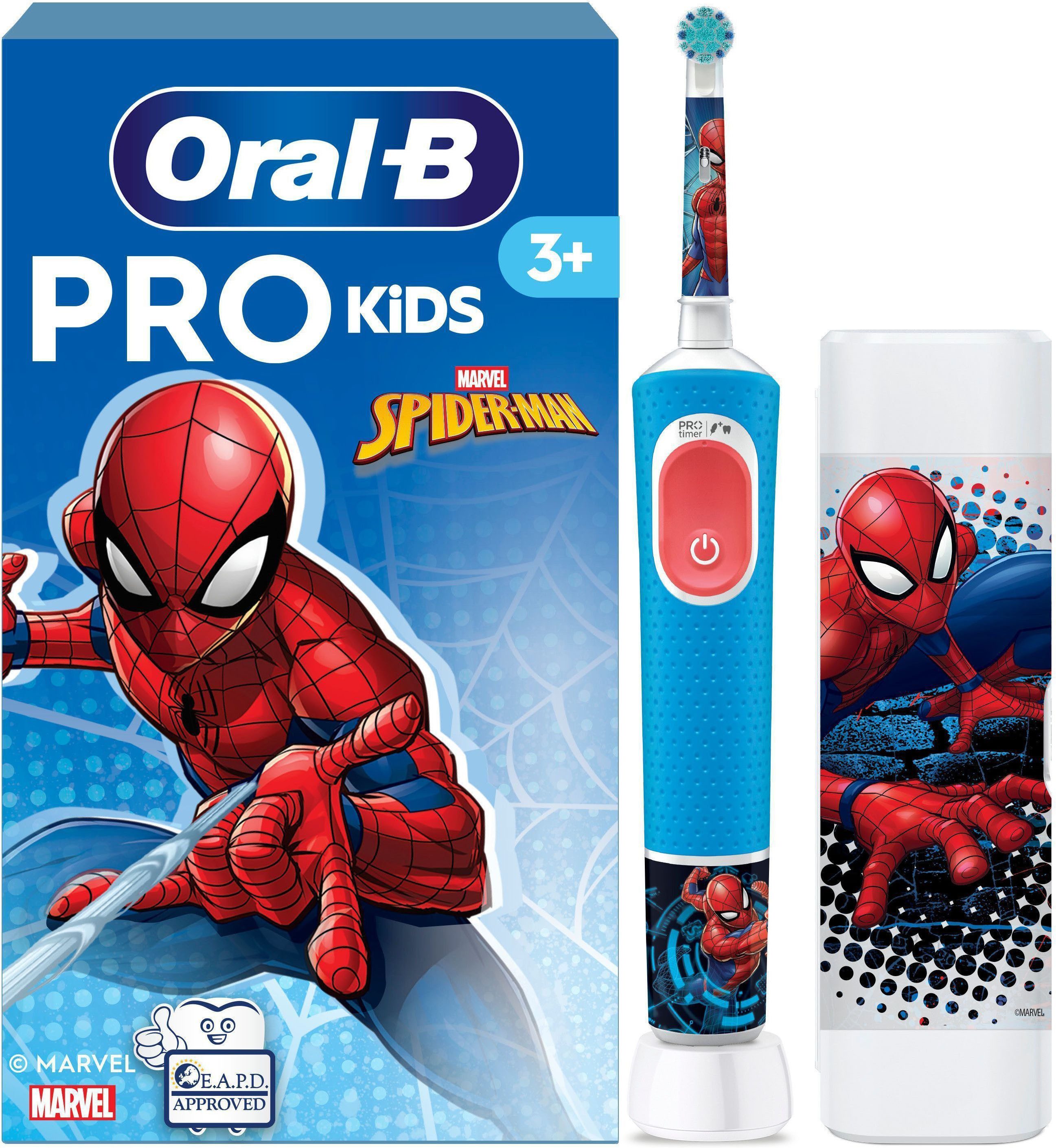Oral-B Aufsteckbürsten Pro Kids 3+ Spiderman Elektrische Zahnbürste mit Reisetui, blau/rot