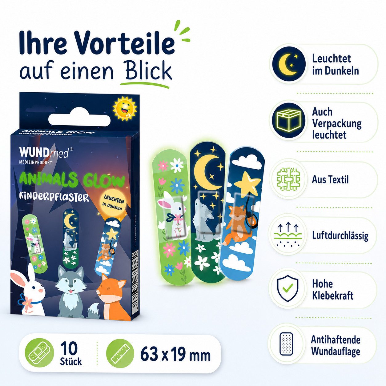 Wundmed Wundpflaster Kinderpflaster leuchtet im Dunkeln – weniger Pflasterdrama (10 St)