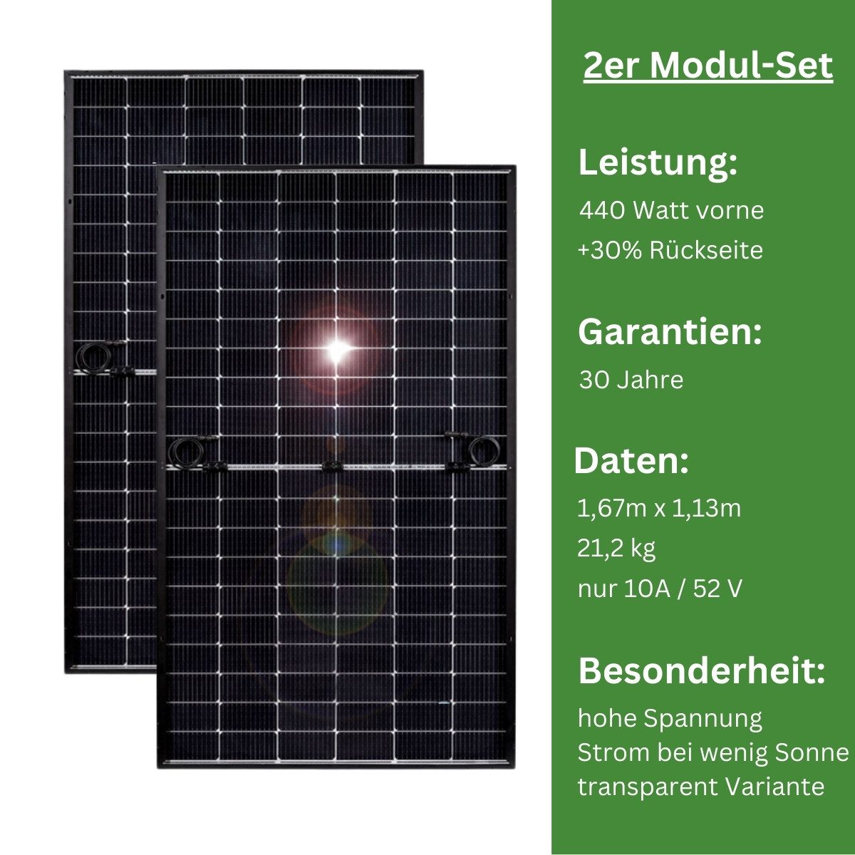 MyVoltaics Balkonkraftwerk 800 Watt MODULE nachrüsten mit 2 Modulen je 440+ Watt Versand gratis, 880 W, Trinasolar bifazial, (Set, 2-St., mehr Solarstrom auch bei geringer Sonne (Winter, dunkle Jahreszeit), 880+ W zusätzlich, Module sehr belastbar und witterungsbeständig