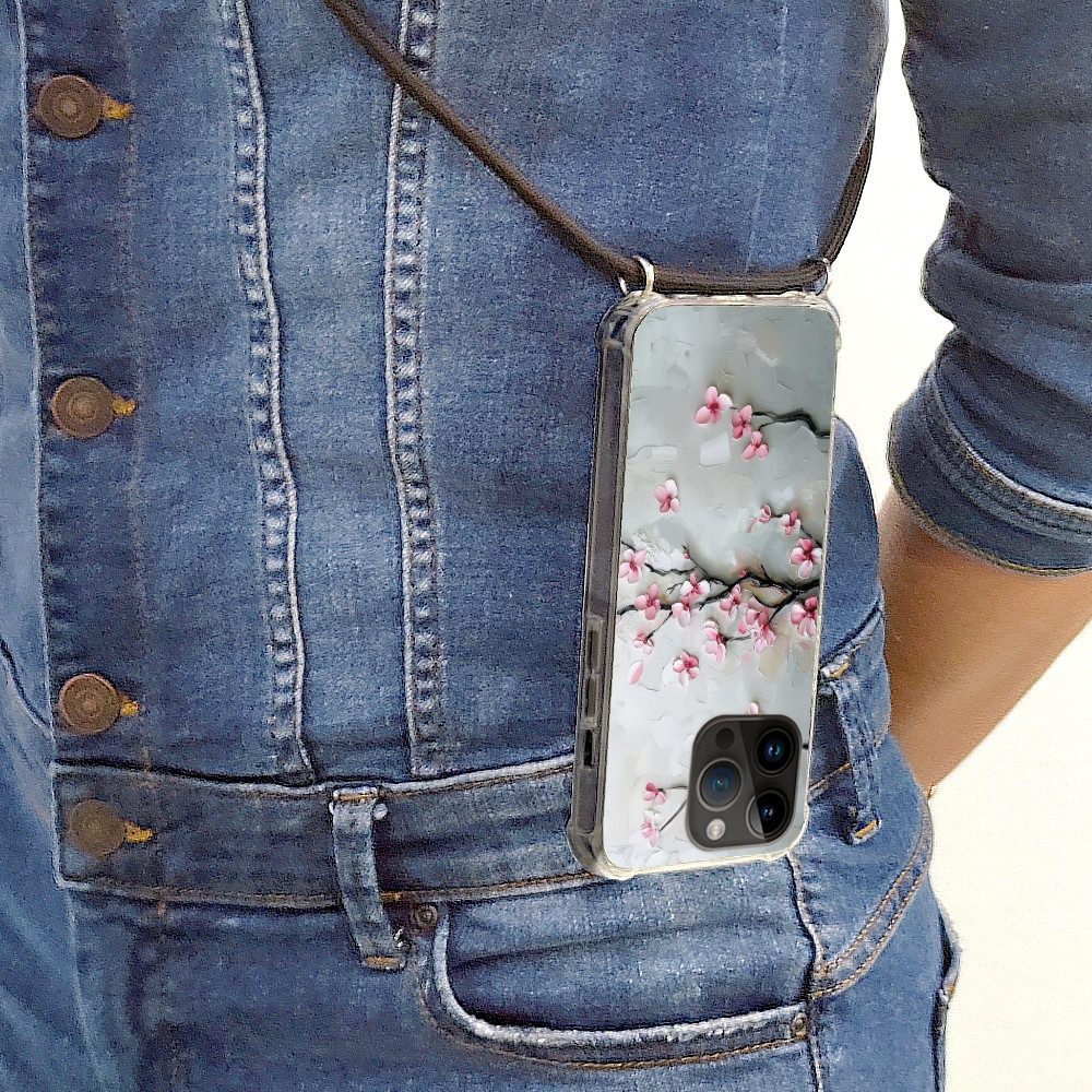 MuchoWow Handyhülle für Apple iPhone 14 Pro Blüte - Künstlerisch - Rosa - Sakura, Tragbare Handyhüllen mit Kette zum umhängen, Handykette Handyband