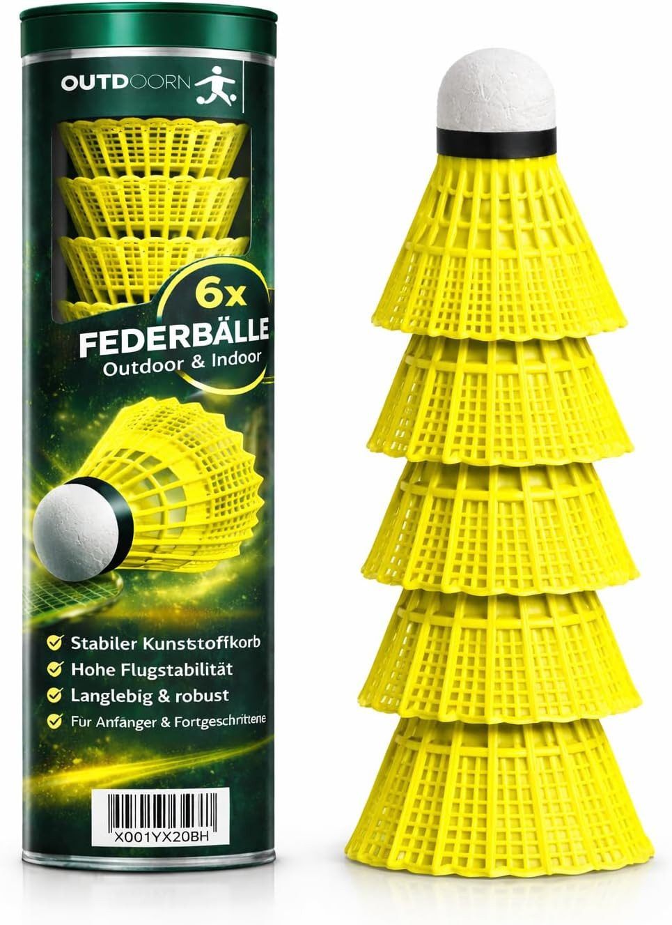 Outdoorn Federball Federbälle gelb für Badminton: Training Wettkampf - Badmintonbälle (6er-Set, 6-St., 6-teilig)