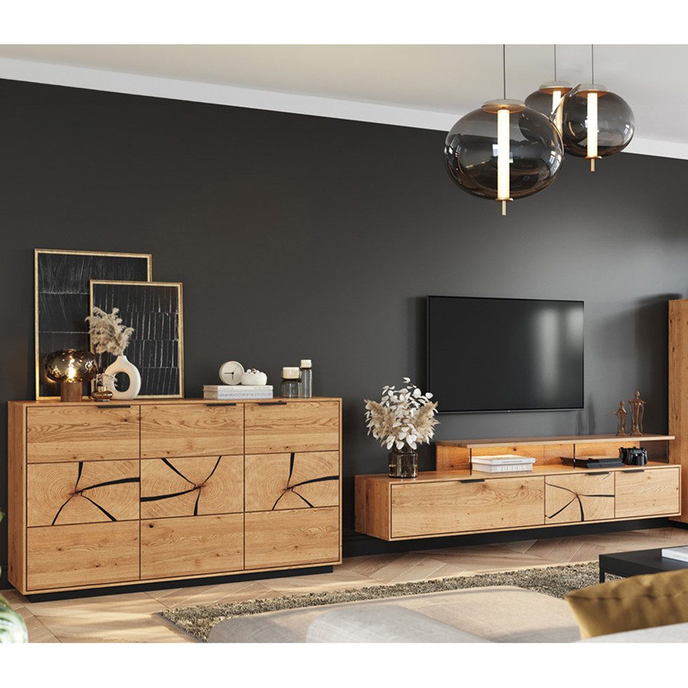 Lomadox Wohnwand TIVAT-163, (2-St., Sideboard Lowboard), Eiche massiv geölt inkl. LED-Beleuchtung, Front mit Hirnholzelementen