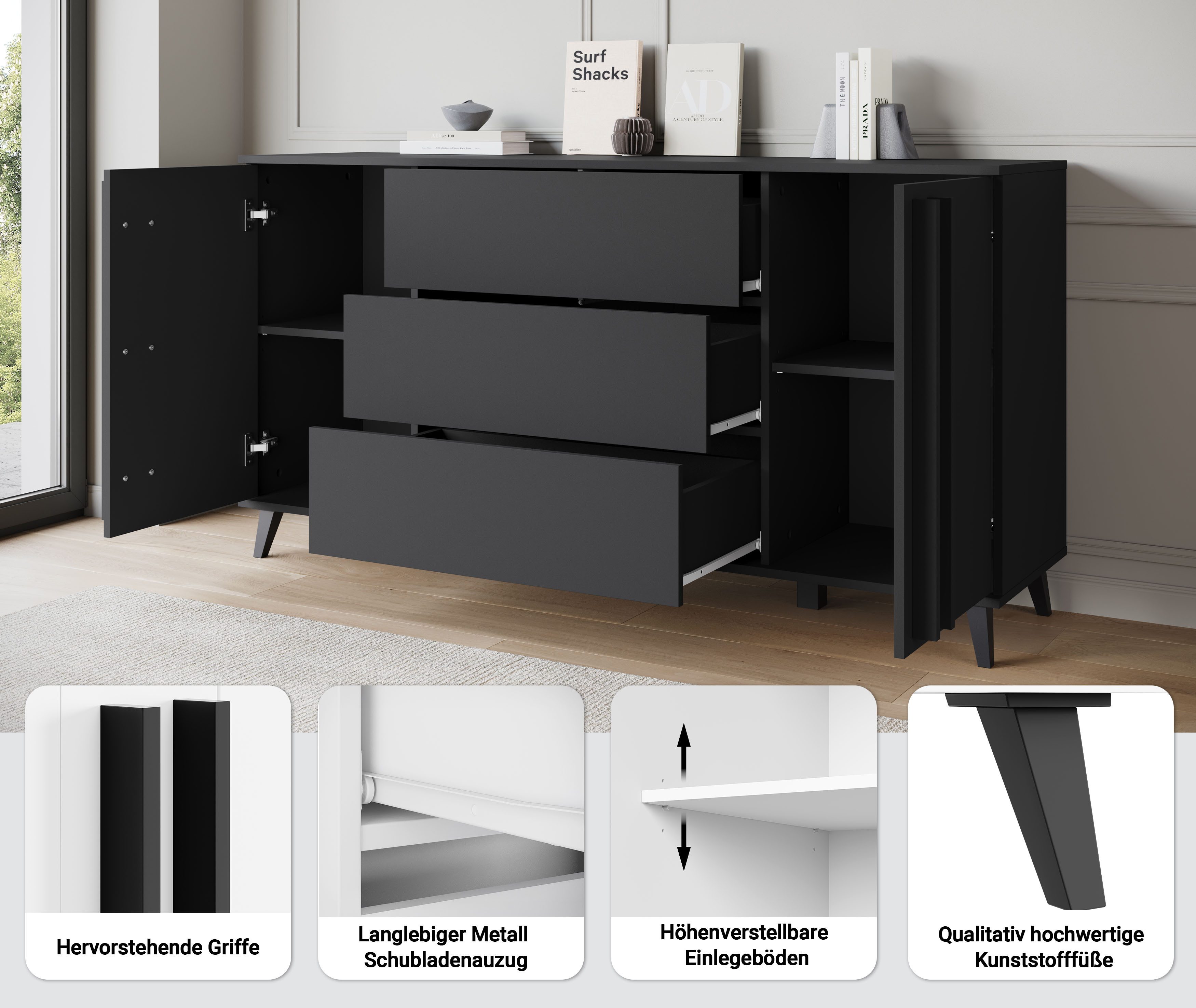 Home affaire Sideboard Helsinki, Kommode mit 2 Türen und 3 Schubladen, Breite 150 cm (1 St), Push-to-Open-Schubladen, höhenverstellbare Einlegeböden