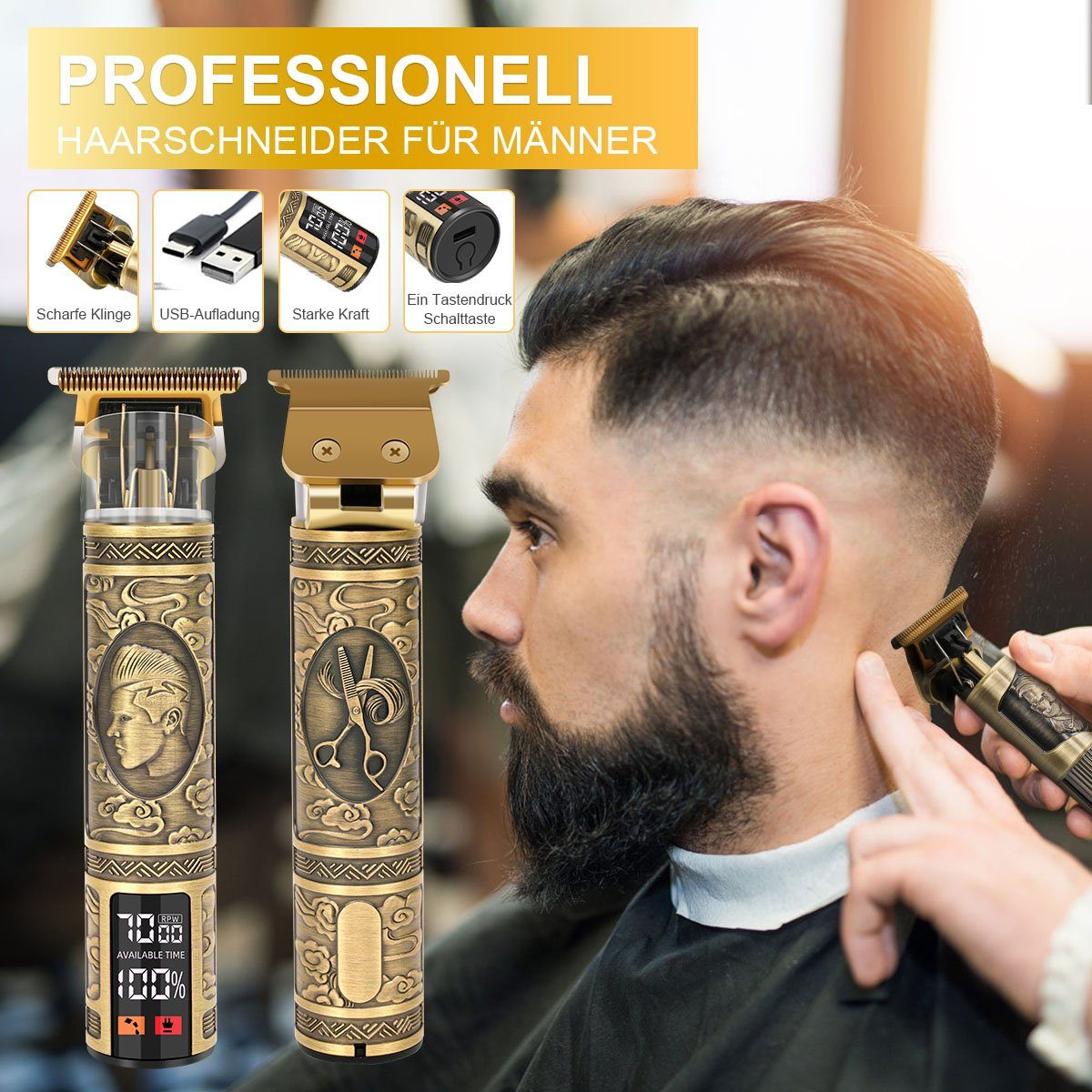 7Magic Haar- und Bartschneider, für Kabellose Haarschneidemaschine Kahle Haarschneider Barbierschere, Gold-1205 Wiederaufladbare Männer