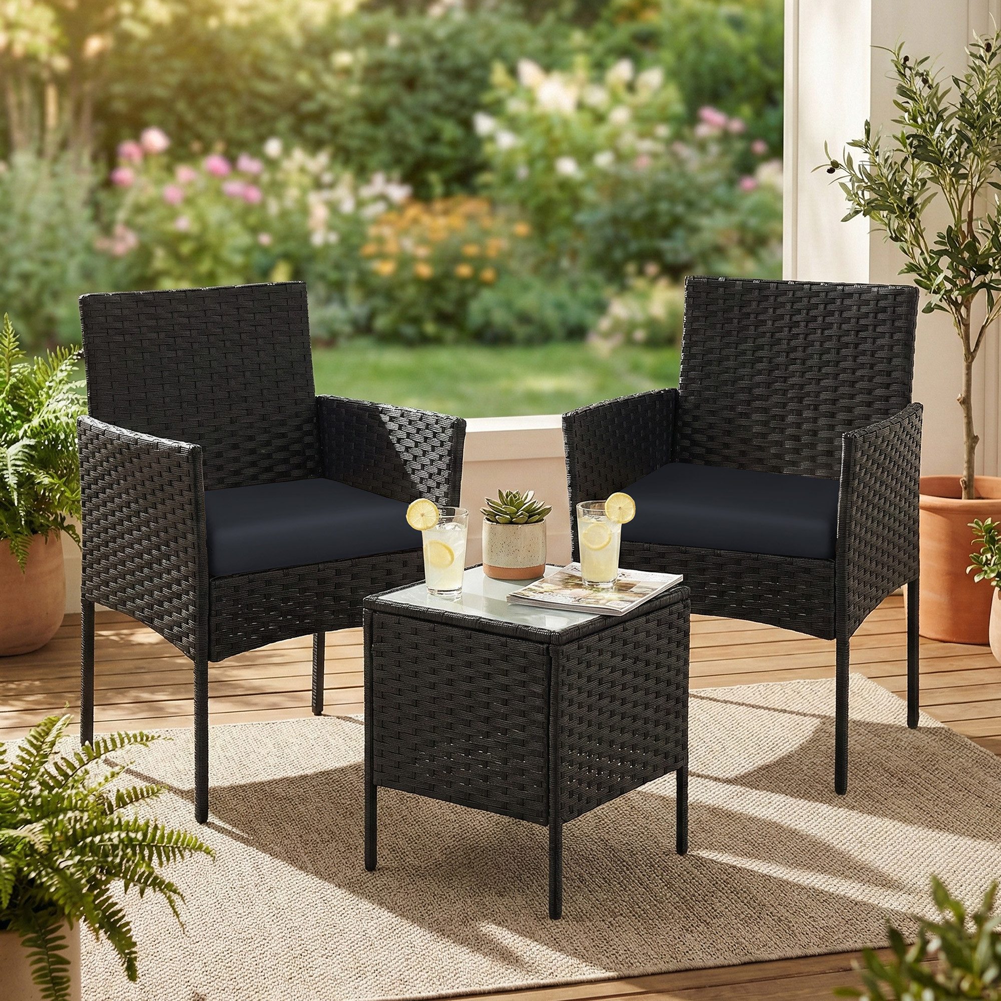 SONGMICS Gartenlounge-Set Balkonmöbel, Tisch und 2 Stühle, für Terrasse, Balkon, Garten, (3-tlg., 2 Gartenstuhl, 1 Gartentisch, mit Kissen), Gartenmöbel-Set, aus PE-Polyrattan, Terrassenmöbel, schwarz-grau