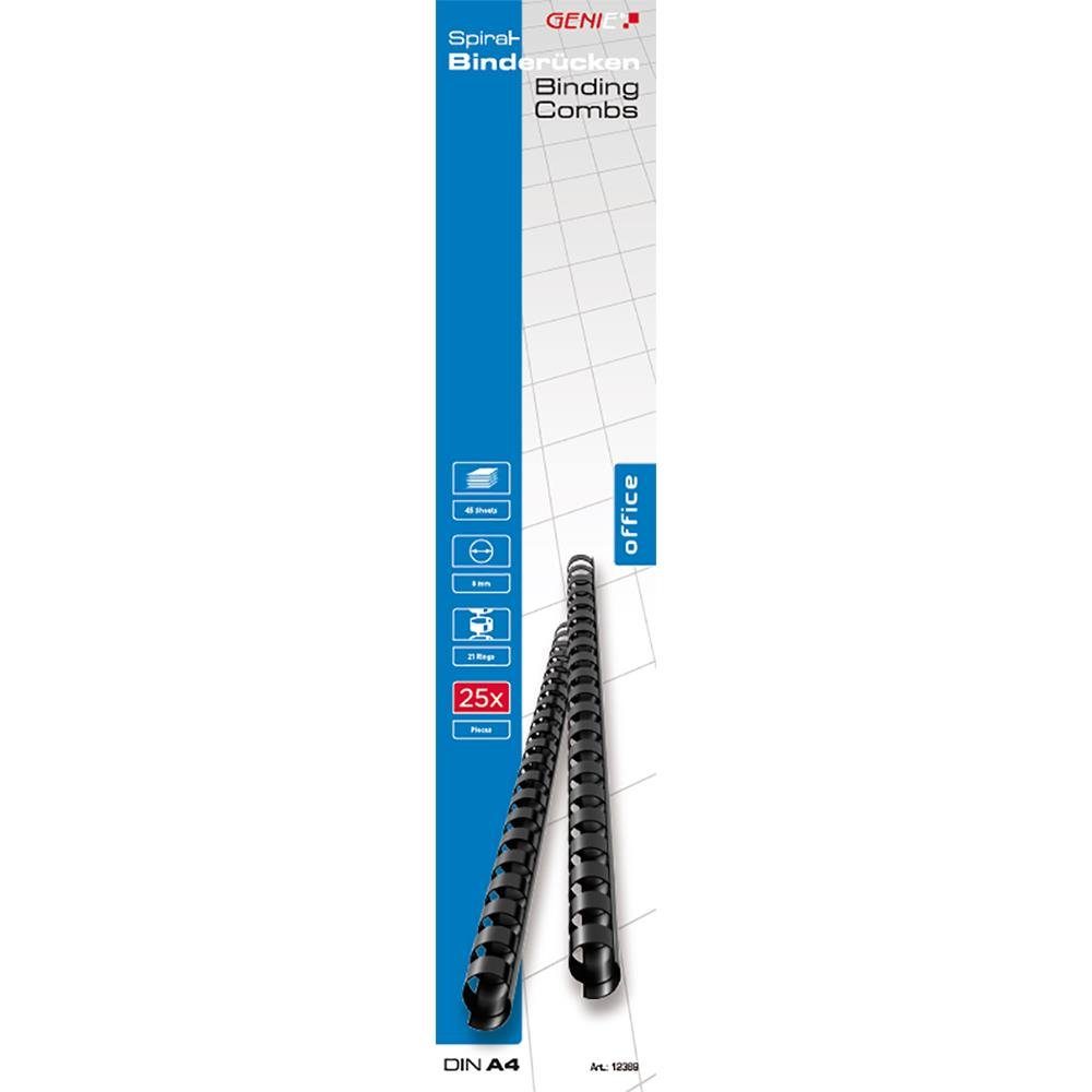 GENIE Drahtbindegerät Spiralbinderücken, 8mm, Plastikbinderücken, DIN A4, 45 Blatt, 25 Stück, Drahtbindung, Bindegeräte Zubehör, schwarz