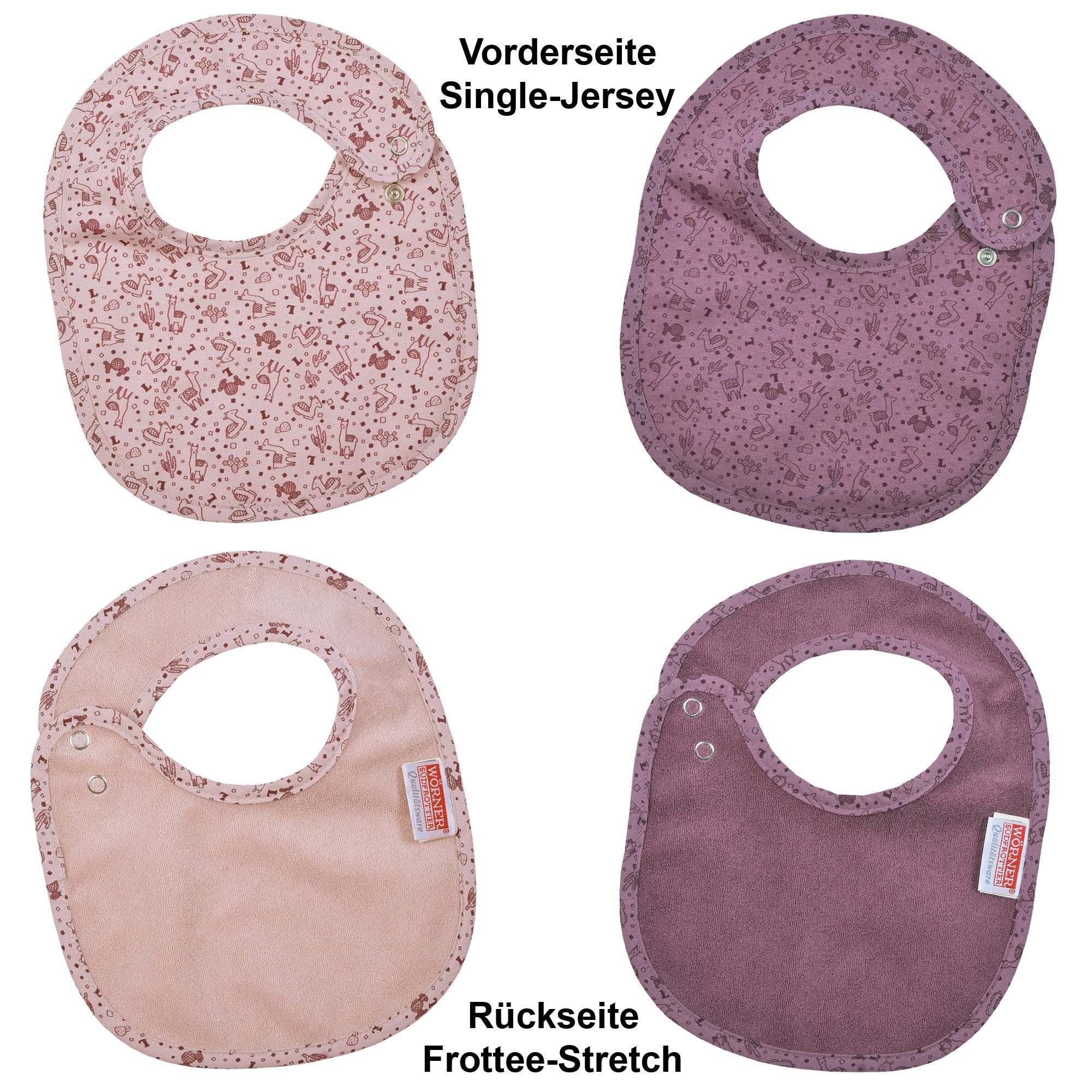 Wörner Lätzchen Lamas rosa Druckknopflatz 22x29 cm, (2-St), mit Druckknöpfen, maschinenwaschbar, trocknergeeignet