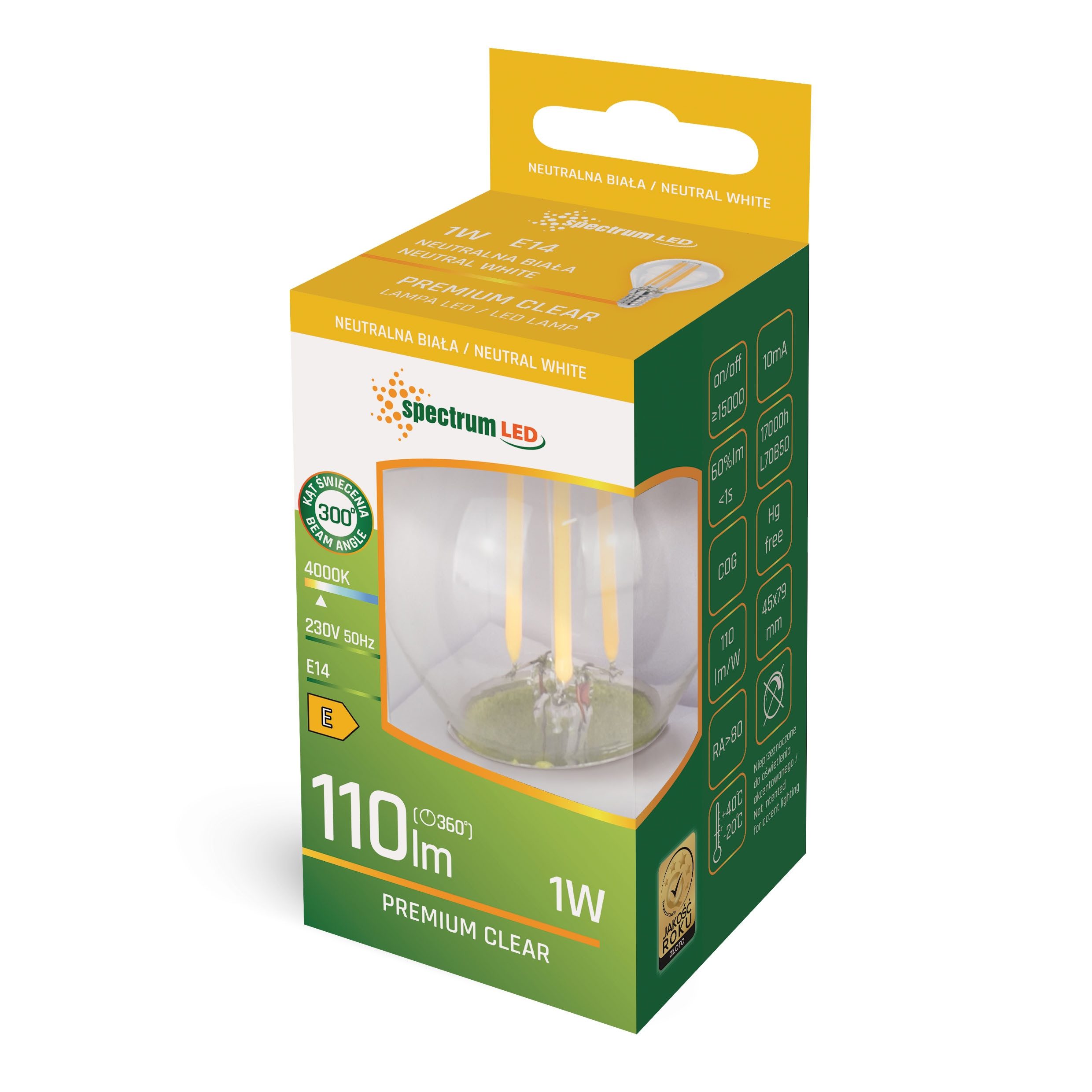 Spectrum LED-Leuchtmittel LED E14 G45 Filament Klar 1W = 10W 110lm 270° Neutralweiß 4000K, E14, Neutralweiß, Filament klar