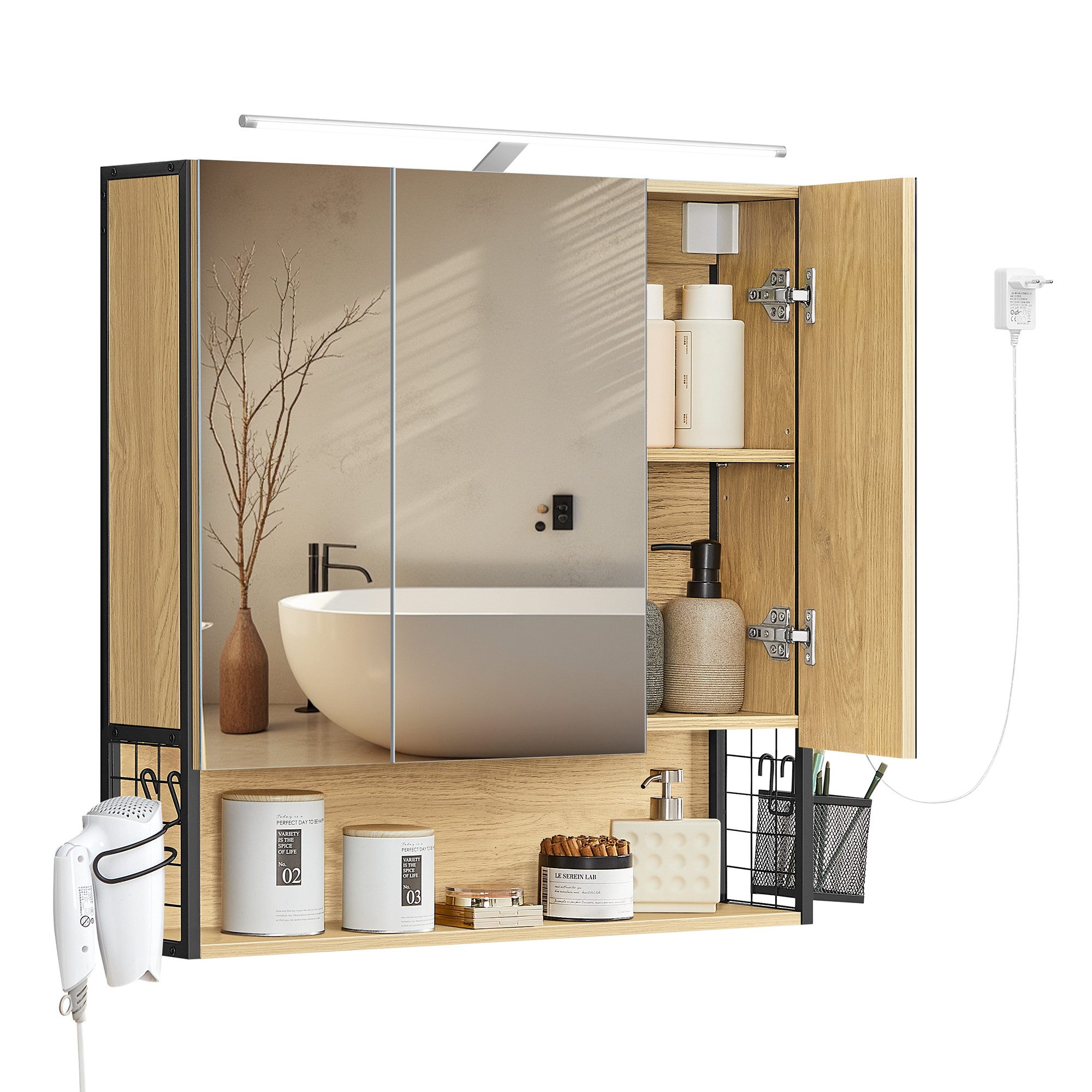 VASAGLE Spiegelschrank Badezimmerschrank Wandschrank Breite 70cm, LED-Beleuchtung, Stecker, Hängekorb, Haartrockner-Halter