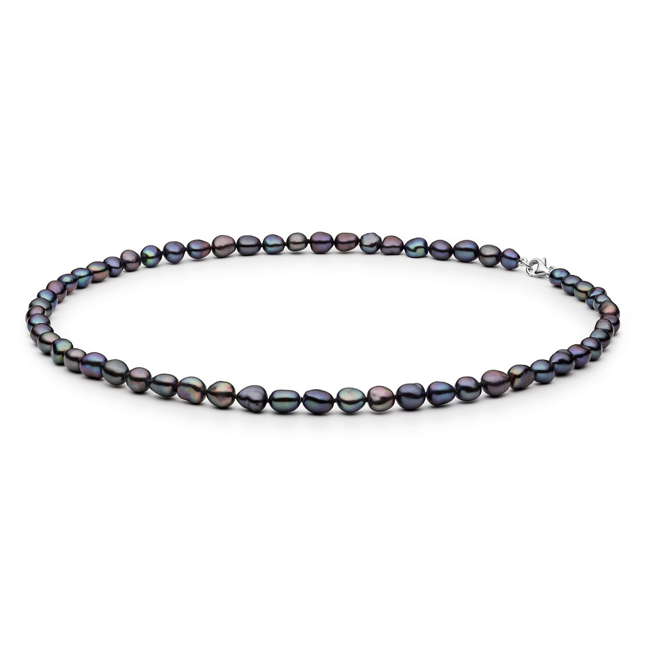 Gaura Pearls Perlenkette schwarz, barock, 7 mm, 45 cm, 925er rhodiniertes Silber