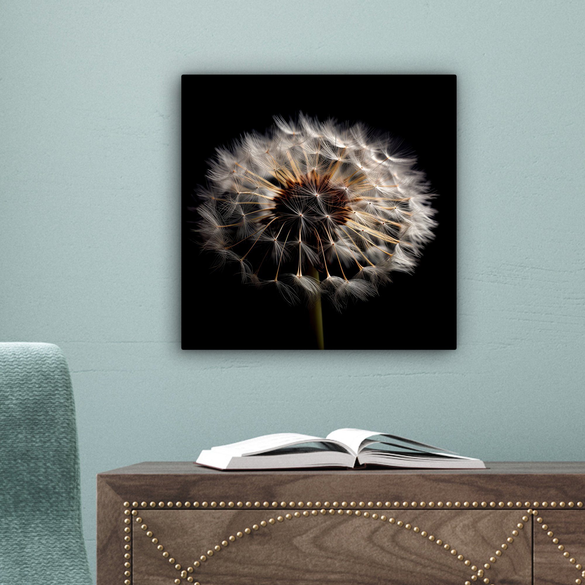 OneMillionCanvasses® Leinwandbild Blumen - - Schwarz Natur 20x20 Schlafzimmer, Bilder Wohnzimmer Porträt, Leinwand Löwenzahn für St), (1 - - cm