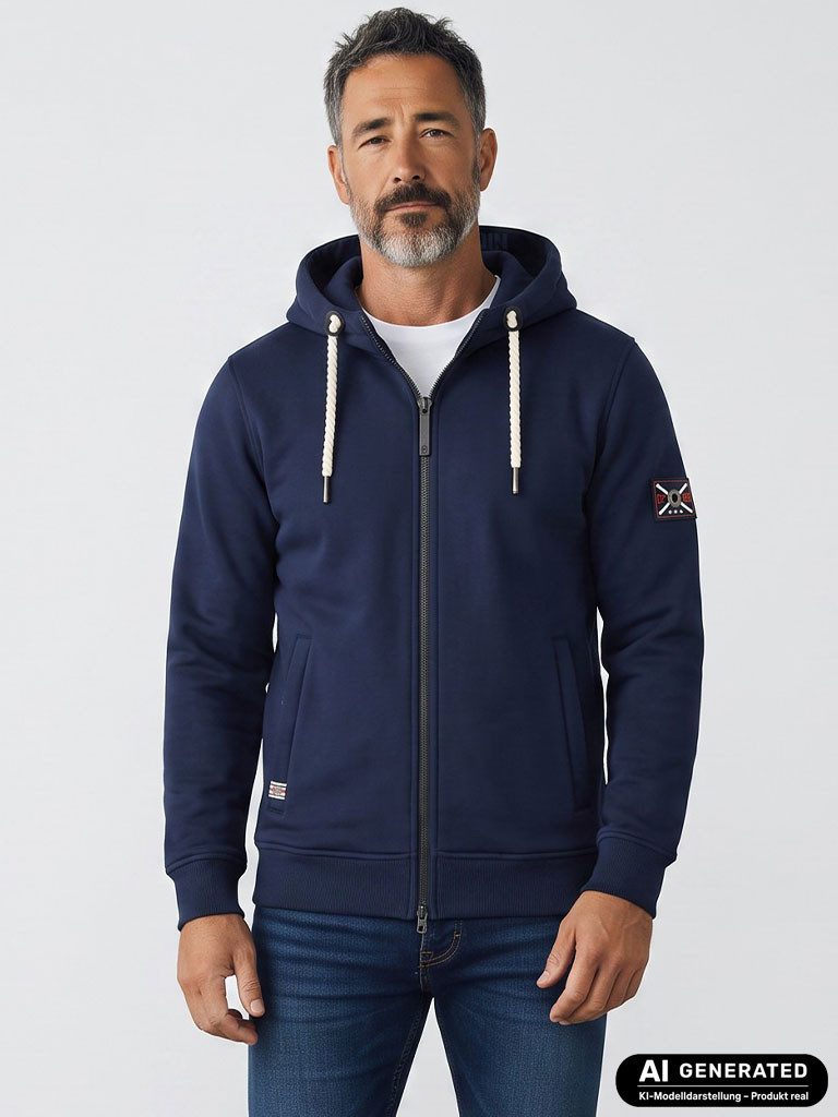 Dry Fashion Kapuzensweatjacke Herren Sweatjacke Odense Moin-Backprint - Kapuzenjacke Freizeitjacke Kapuze mit Kordelzug & MOIN-Schriftband im Inneren, Seitentaschen