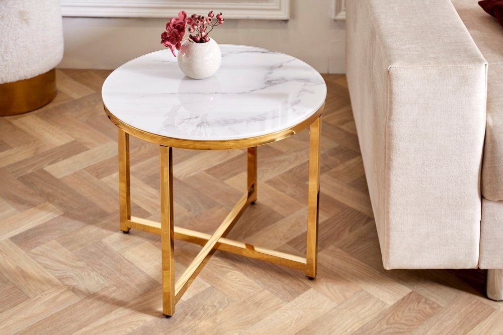 riess-ambiente Beistelltisch BOUTIQUE 50cm weiß / gold (Einzelartikel, 1-St), Wohnzimmer · Kristallglas · Metall · rund · Marmor-Dekor · Barock weiß | gold | weiß | Ablagetische