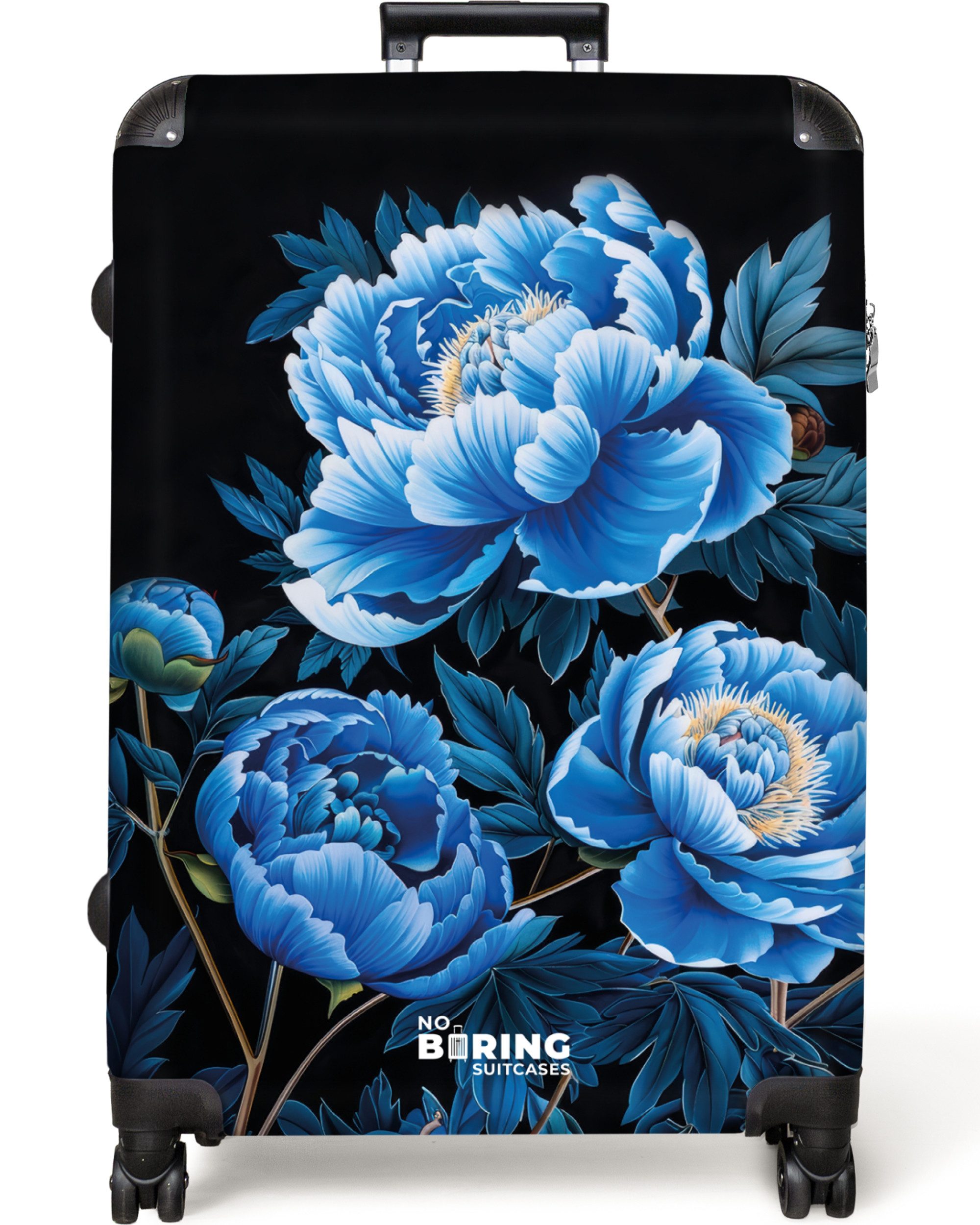 NoBoringSuitcases.com© Hartschalen-Trolley Schwarz mit blauen Pfingstrosen günstig online kaufen