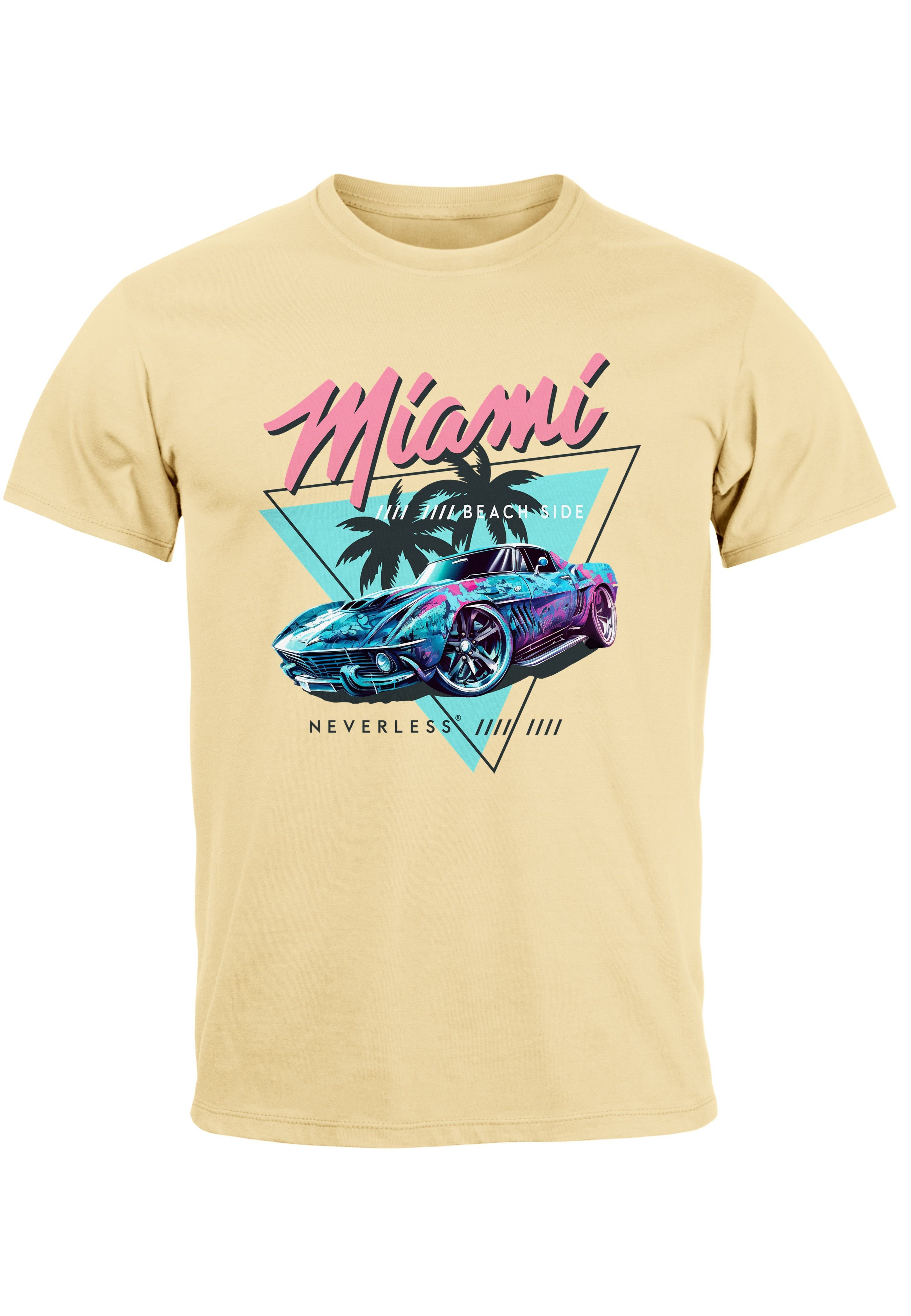 Neverless Print-Shirt Herren T-Shirt Bedruckt Miami Beach Surfing Motiv USA Retro Automobil mit Print natur