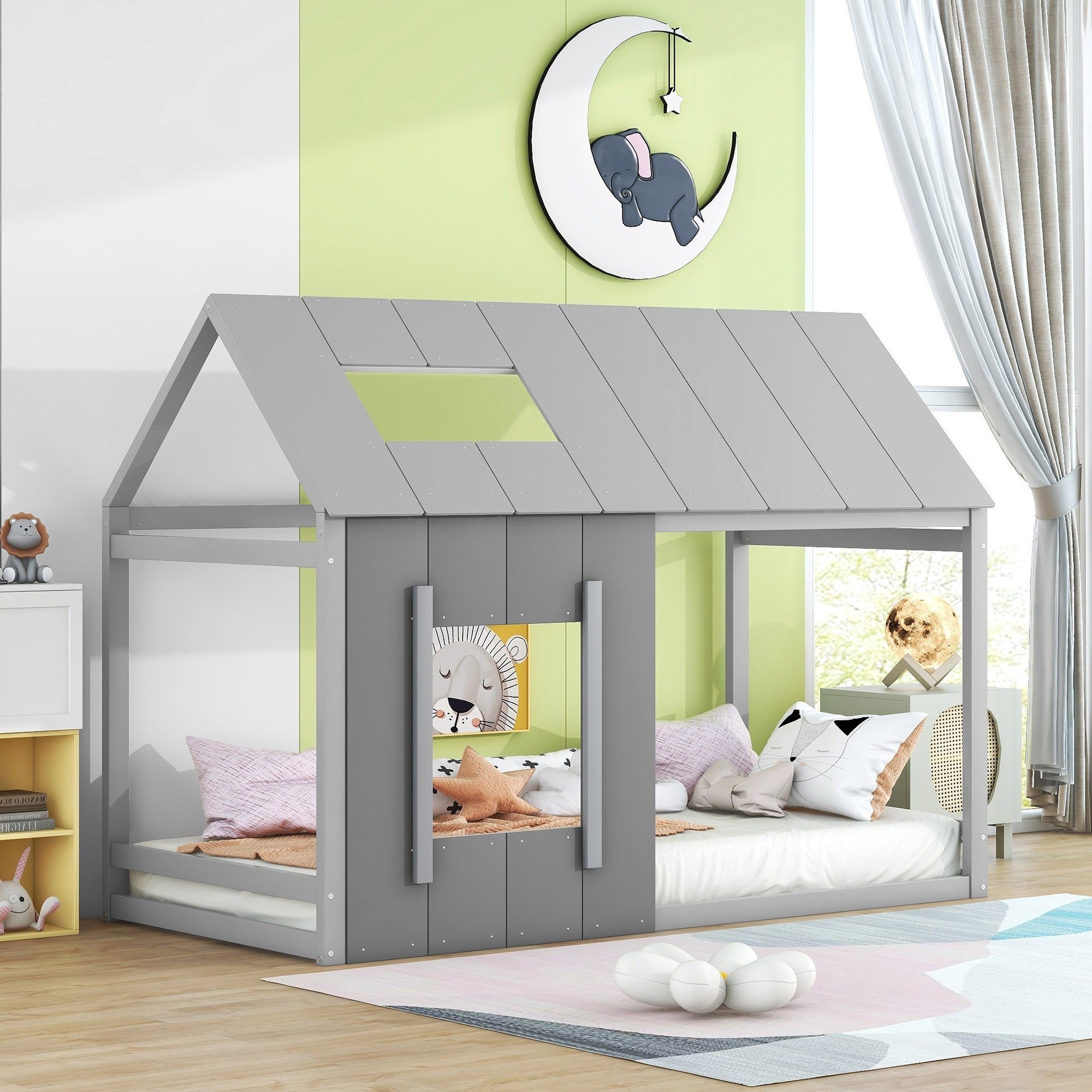 und Fenster Kinderbett, Hausbett mit Einzelbett Dach 90x200cm Massivholz Flieks grau