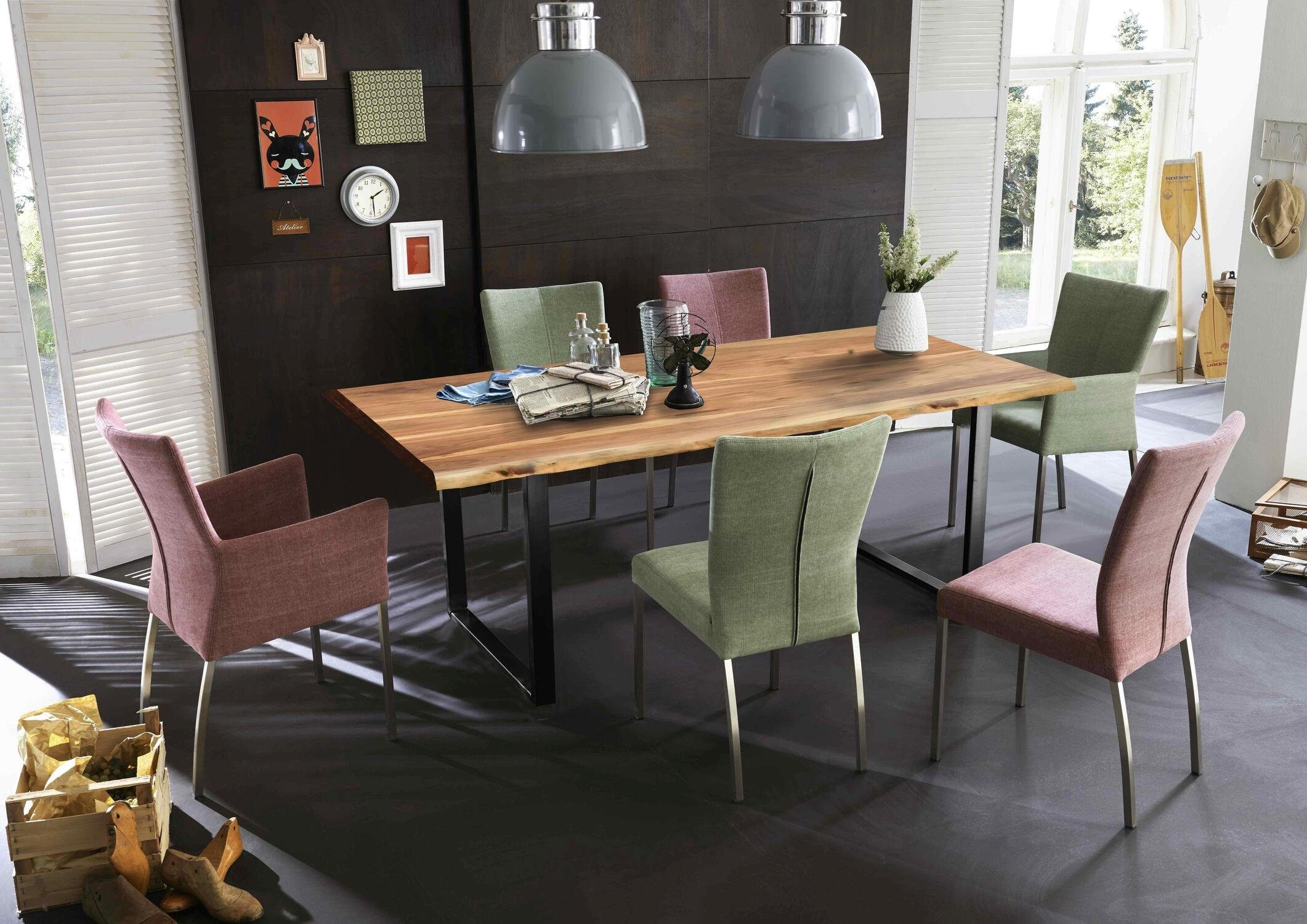 TPFLiving Baumkantentisch Artemis - Platte Akazie, Gestell Stahl (mit Baumkante wie gewachsen - Platte natur, Gestell schwarz, Baumkantentisch - Desinger Tisch Luxus - Esstisch massiv), Plattenstärke 36 mm - Baumkantentisch 160x85cm
