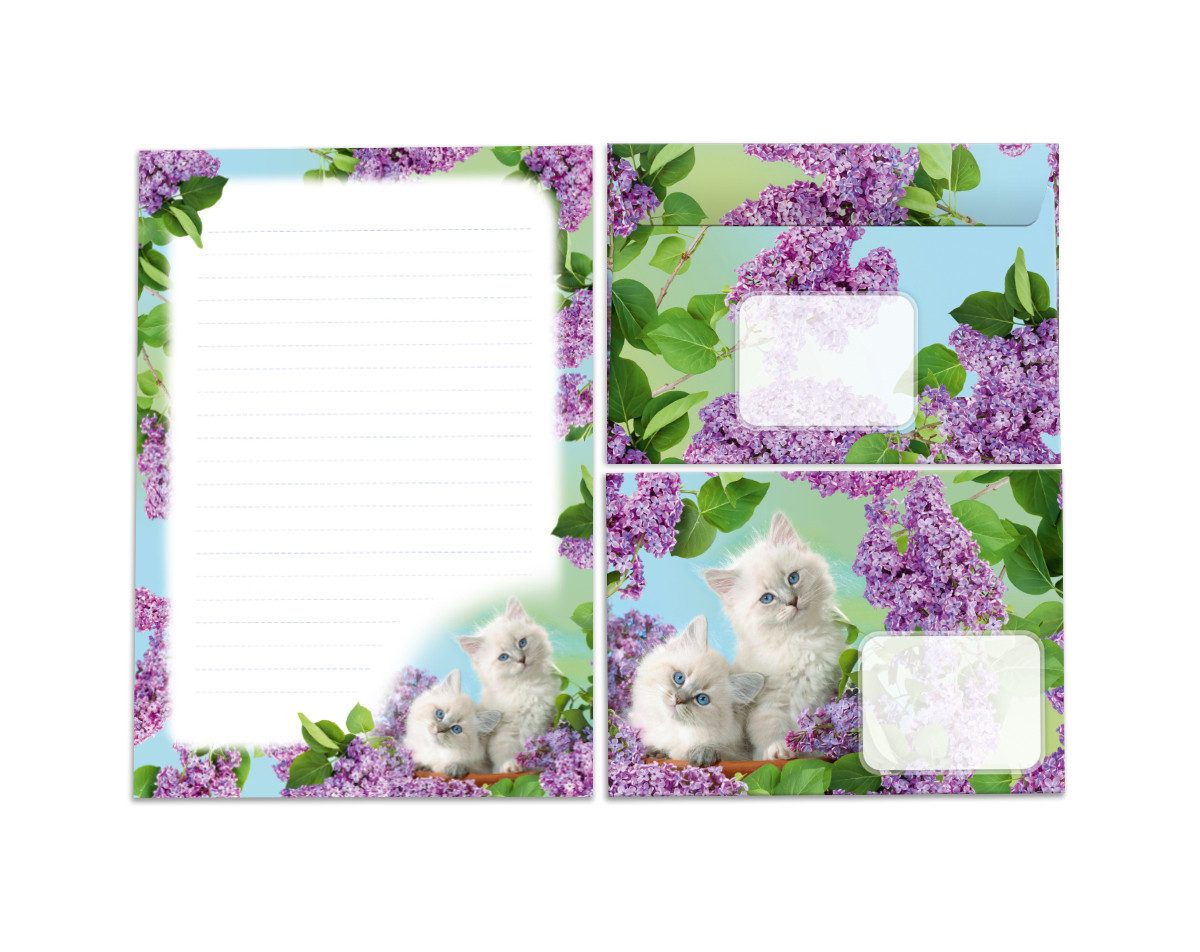 JUNAPACK Briefpapier Set Kinder Briefblock A5 mit Umschlägen Notizblock Papier Katzen lila, Kinder-Briefpapier A5 mit 15 Umschlägen, liniert & leicht beschreibbar