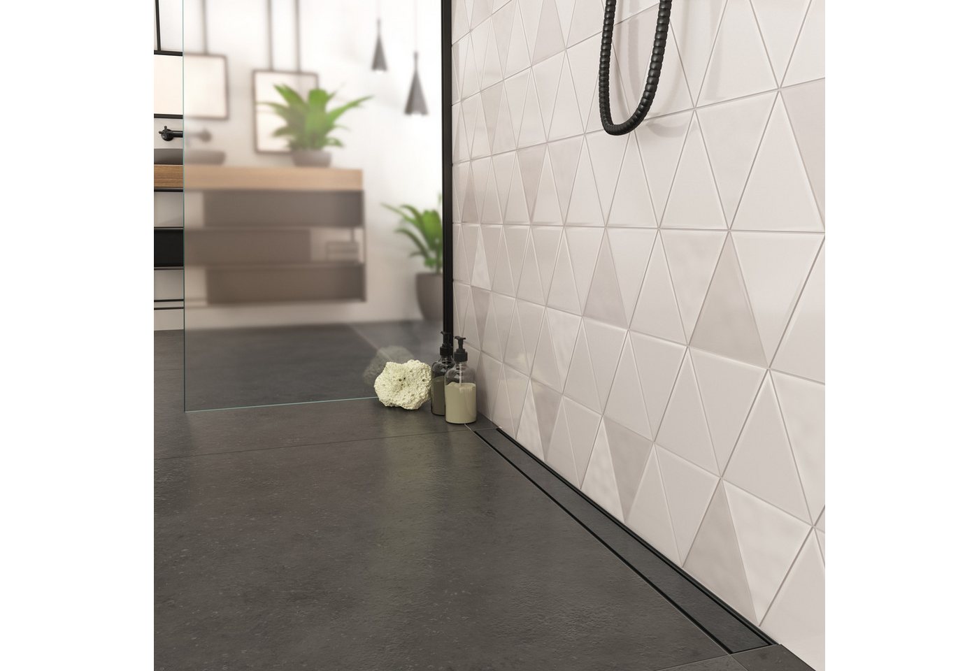 Thumbnail - Aquabad® Duschrinne Slim Wall Schwarzmatt Edelstahl, Haarsieb, Viega-Siphon, befliesbar, Komplett-Set, Farbe: Schwarz Ma...