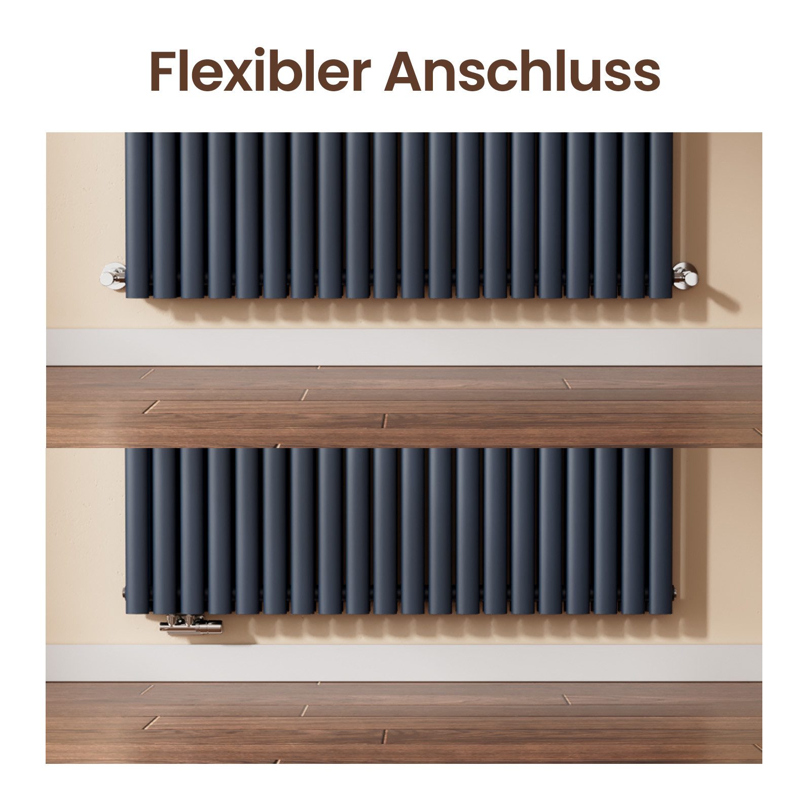 EMKE Heizkörper Design-Heizkörper Horizontal Heizung Ovales Rohr Hochleistung, 1828W Weiß / Anthrazit Horizontaler Seitenanschluss Doppellagig – Bild 5 von 5