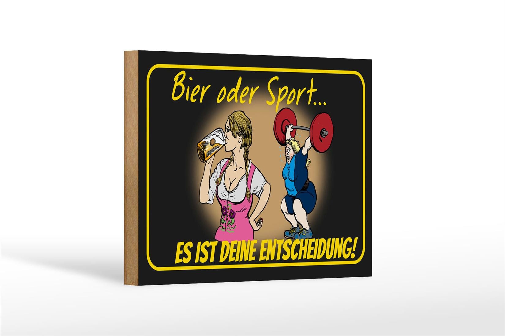 Holzbild Pinup 12x18 cm Bier oder Sport Entscheidung