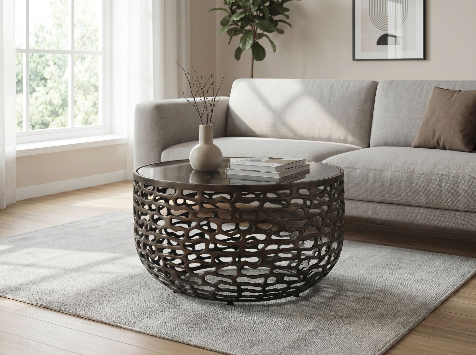 FINEBUY Couchtisch FB116322 Sofatisch Aluminium Glas 60cm Wohnzimmertisch Beistelltisch (Runde Ablagefläche aus elegantem Dunkelglas), Gestell aus Aluminium in organischer Optik