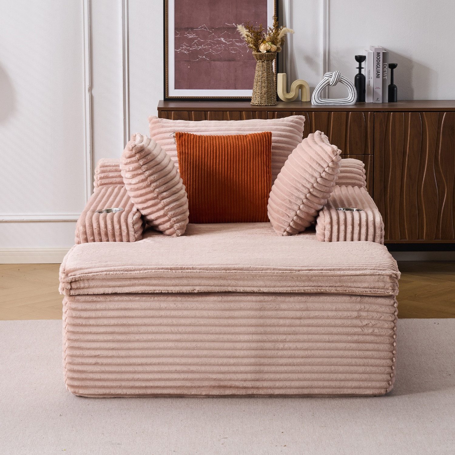 ANYSUN Chaiselongue XXL Relaxsessel aus Cord mit Federkern und tiefer Sitzfläche,3 Kissen, Loungesofa mit Decke,Getränkehaltern,montagefrei,Seitentaschen,Rosa