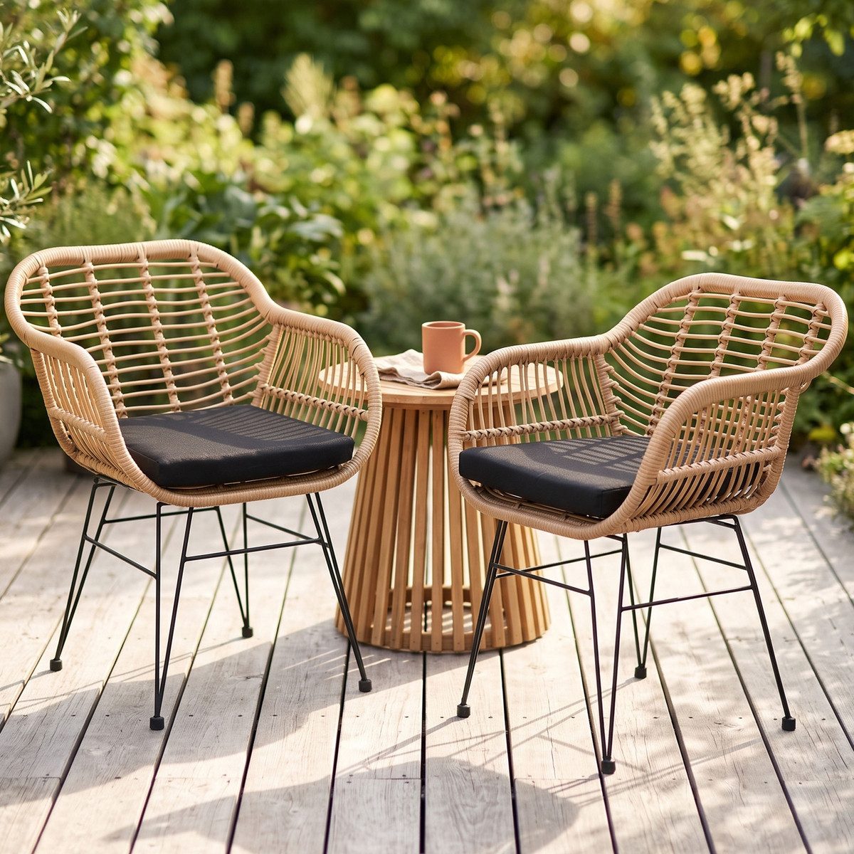 Casaria Gartenstuhl Bali (2 St), Polyrattan 5cm Auflage 59x56x83cm Armlehnen Metall Wetterfest