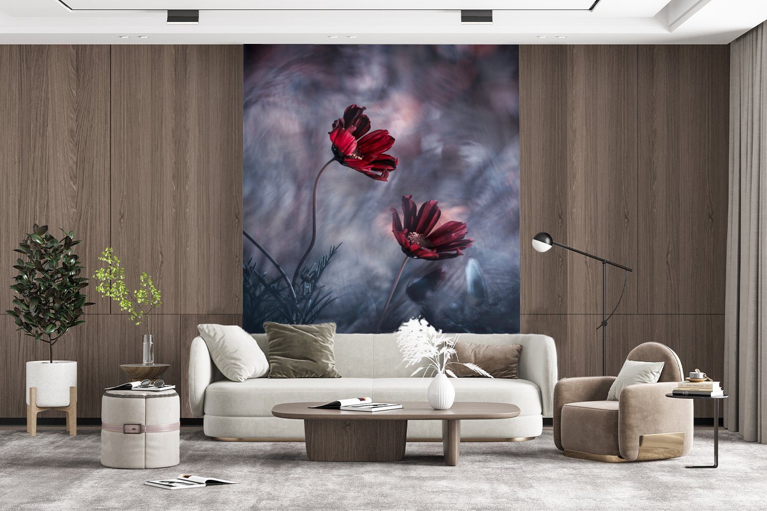 - (4 Blumen - bedruckt, MuchoWow Rot Vinyl Matt, für Wohnzimmer, Fototapete Pflanzen Wandtapete Natur, - Tapete Montagefertig St),