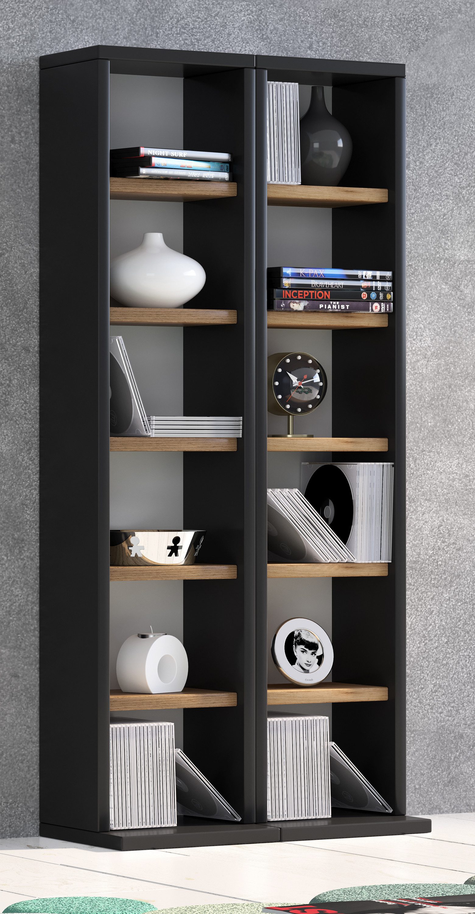 VCM Standregal CD DVD Regal Milano H. 92 x B. 42 x T. 20 cm, Holz CD DVD Stand Regal, BluRay Aufbewahrung