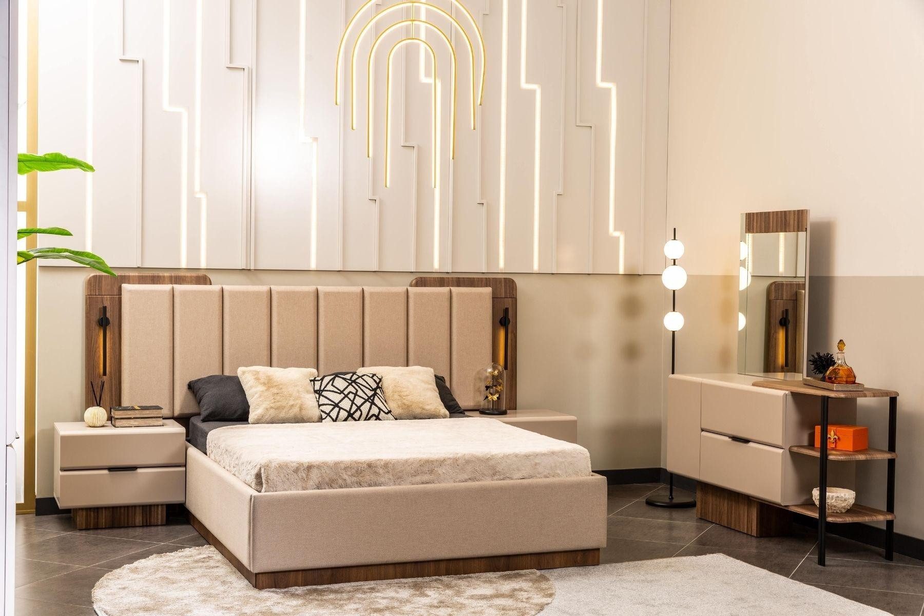 Schlafzimmer-Set Schlafzimmer Garnitur Doppelbett Nachttische Beige Stoff 4tlg Schmink